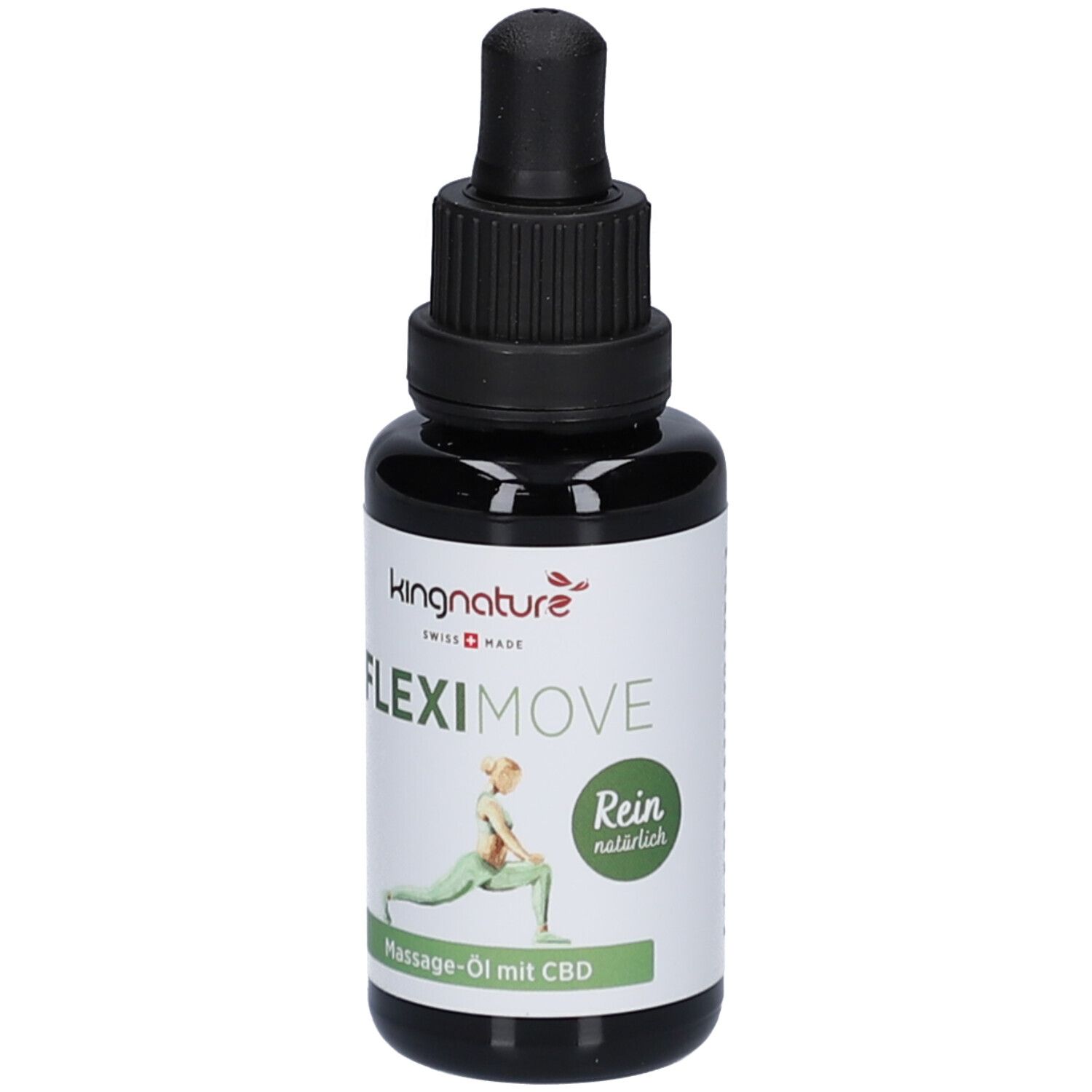 Braune Glasflasche mit schwarzem Verschluss und Pipette. Aufschrift Fleximove, CBD Massageöl. Logo Kingnature, Swiss Made.