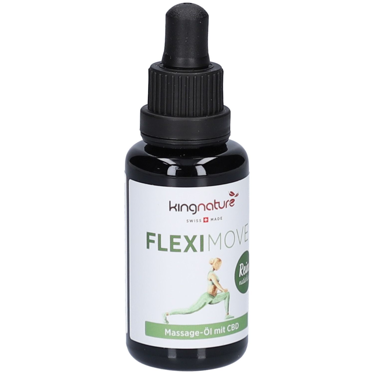 Braune Glasflasche mit schwarzem Verschluss und Pipette. Aufschrift Fleximove, CBD Massageöl. Logo Kingnature, Swiss Made.