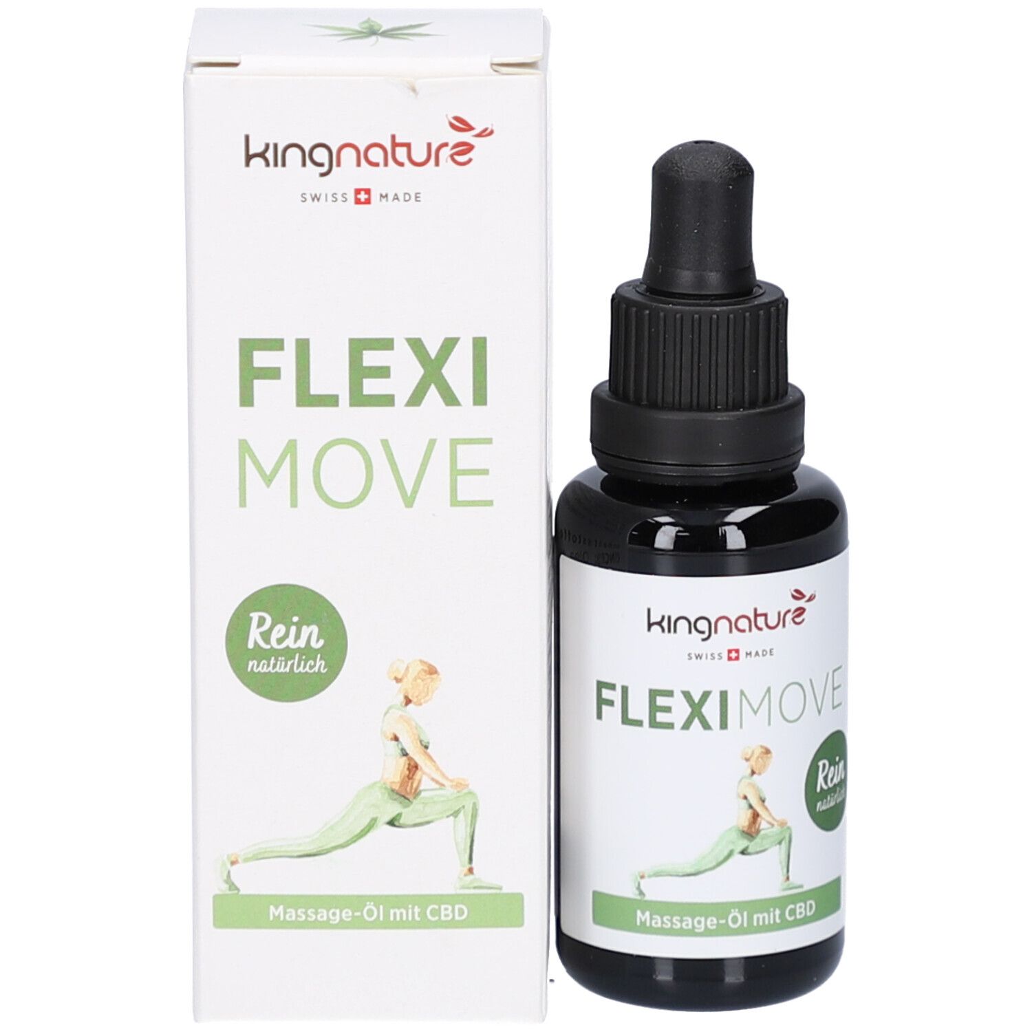 Braune Glasflasche und Schachtel. Aufschrift Fleximove, CBD Massageöl. Logo Kingnature, Swiss Made. Abbildung einer Person.