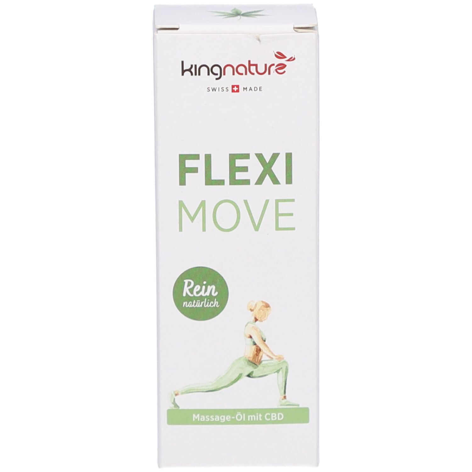 Weiße Schachtel mit Aufschrift Fleximove, CBD Massageöl. Logo Kingnature, Swiss Made. Abbildung einer Person.
