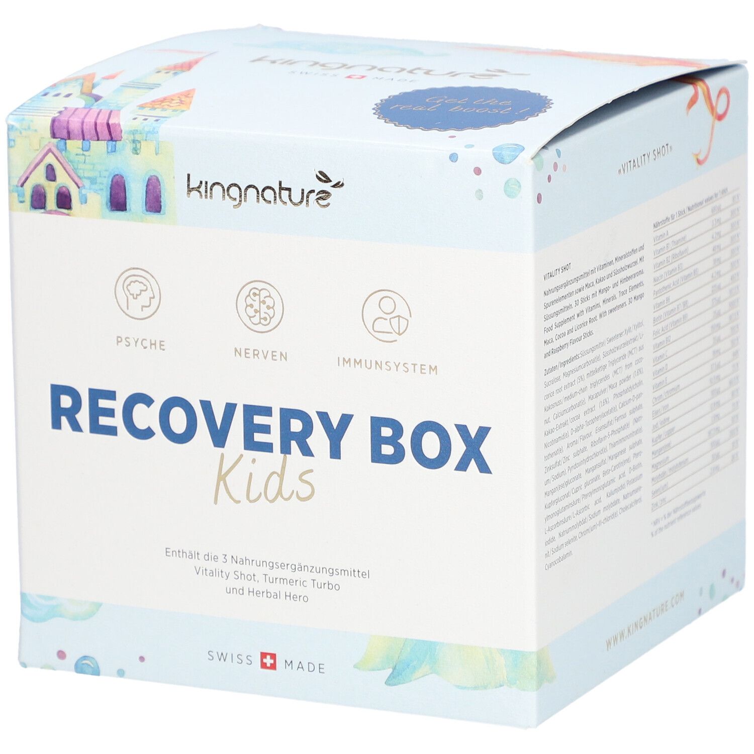 Karton "Recovery Box Kids" von Kingnature. Enthält Nahrungsergänzungsmittel. Schweizer Qualität. Illustrationen von Burg und Wolken.