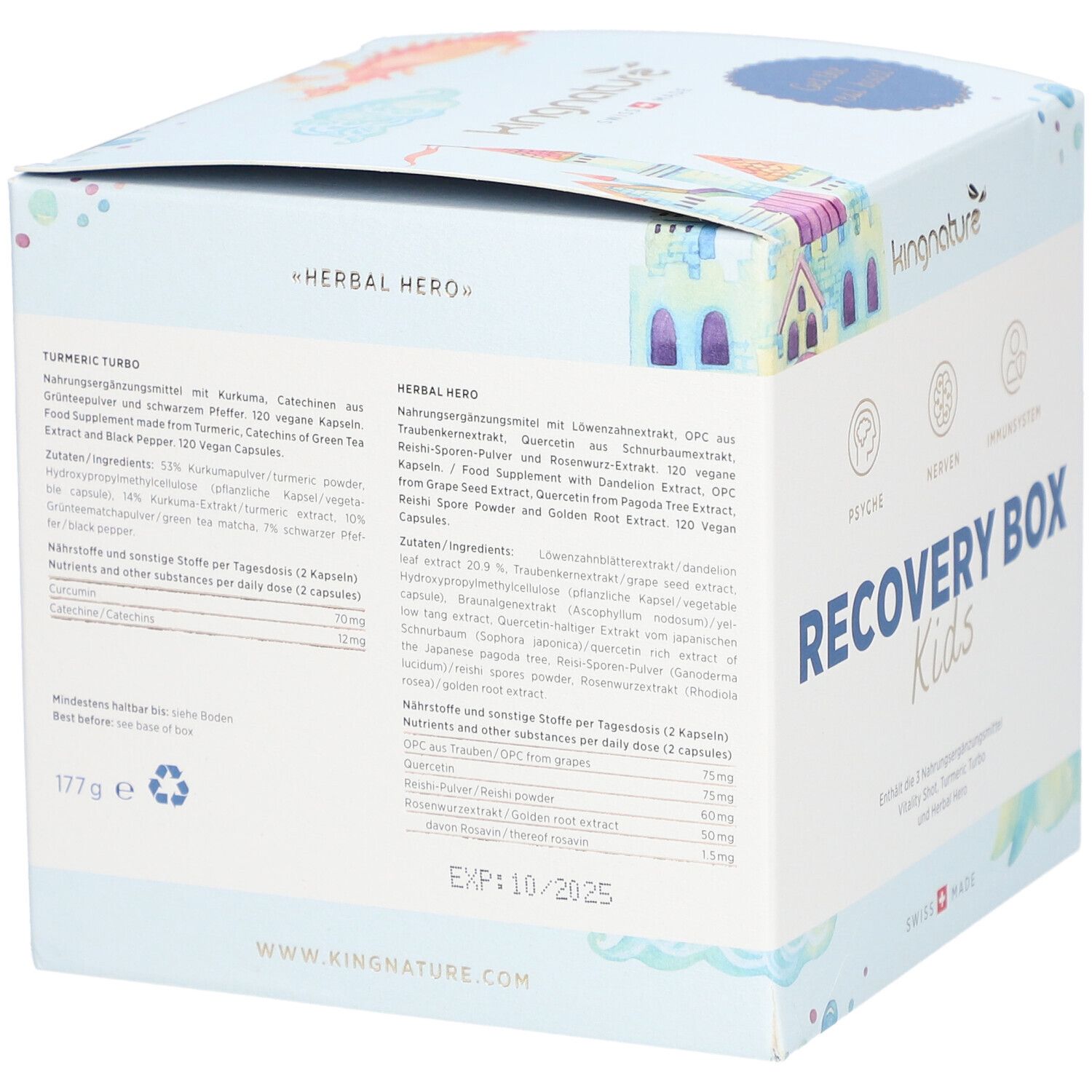 Rückseite der "Recovery Box Kids". Enthält Informationen zu Inhaltsstoffen und Nährwerten. Text in Deutsch. Haltbarkeit bis 10/2025.
