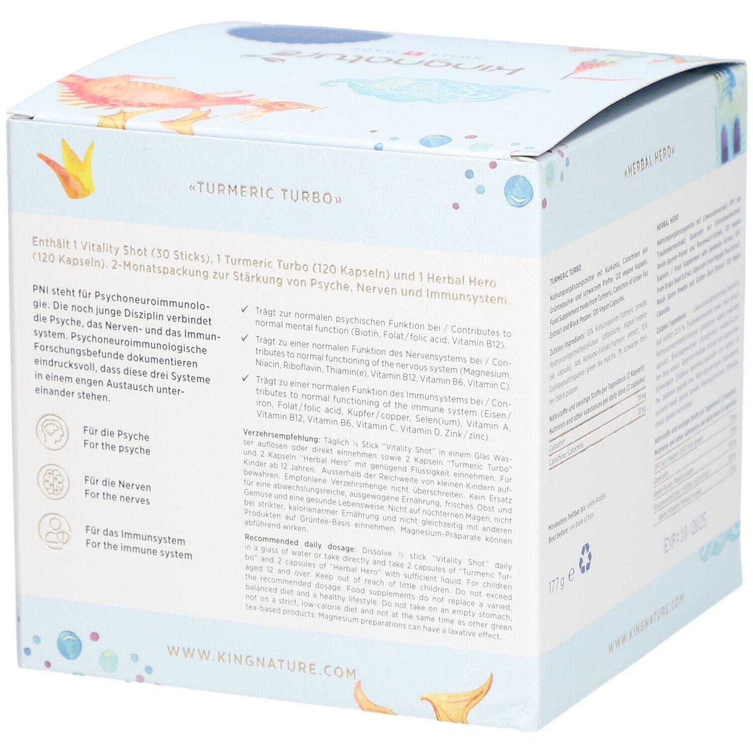 Rückseite der "Recovery Box Kids". Text in Deutsch. Informationen zu Inhaltsstoffen und Anwendung. Illustrationen von Fischen und Meer.