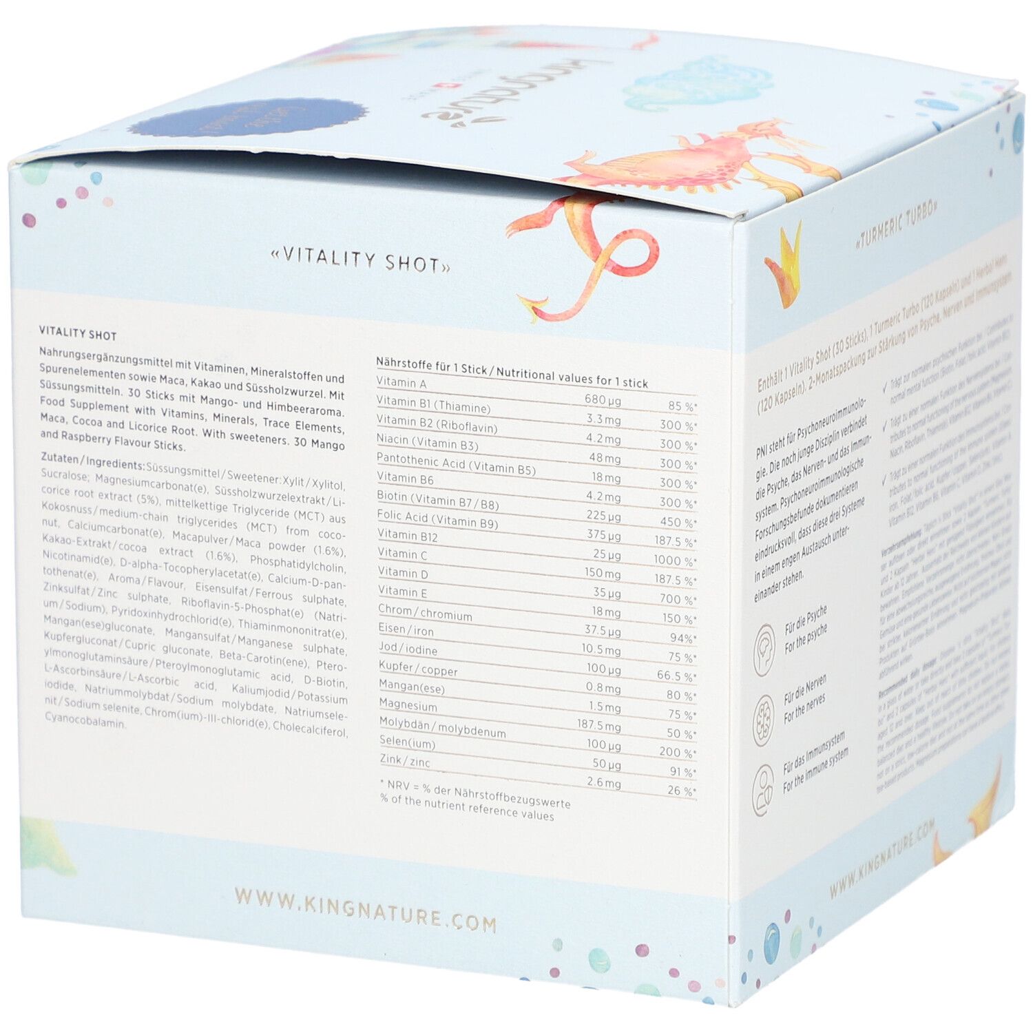 Seite der "Recovery Box Kids". Enthält Informationen zu Inhaltsstoffen und Nährwerten. Text in Deutsch. Illustrationen von Fischen.