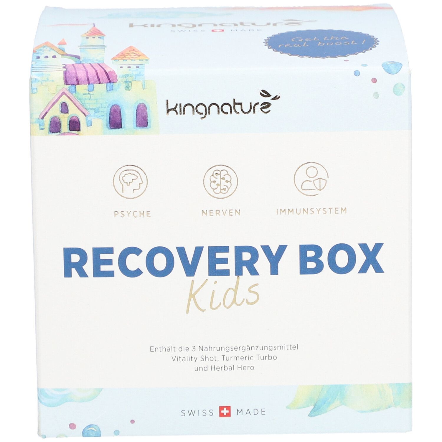 Vorderseite der "Recovery Box Kids". Logo Kingnature, Illustrationen von Burg und Wolken. Schweizer Qualität. Text in Deutsch.