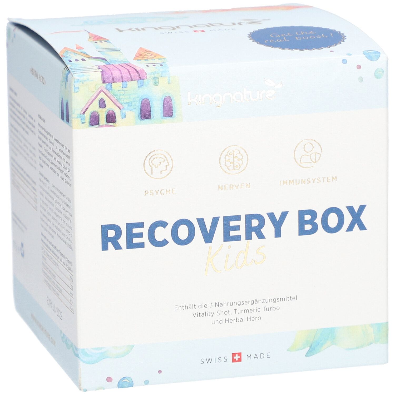 Vorderseite der "Recovery Box Kids". Logo Kingnature, Illustrationen von Burg und Wolken. Schweizer Qualität. Text in Deutsch.