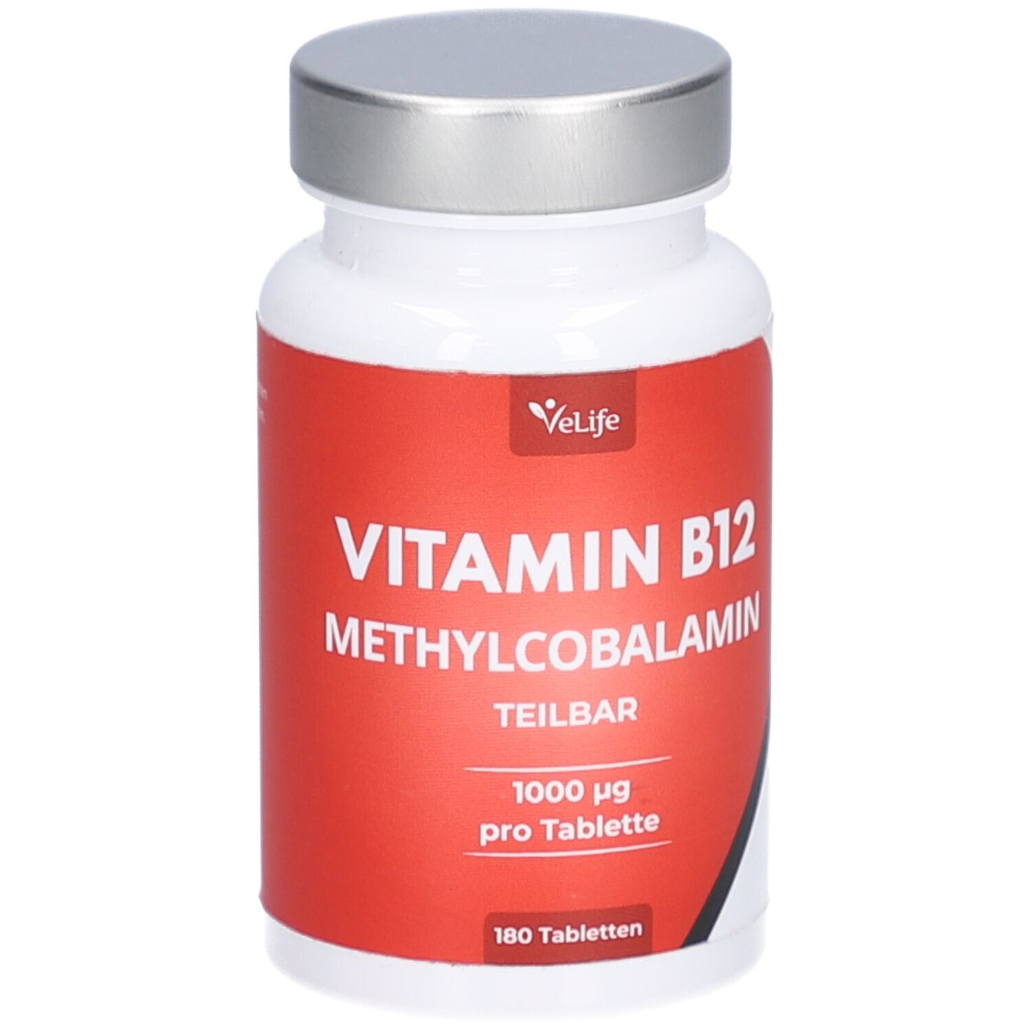 Weiße Flasche mit rotem Etikett. Aufschrift: Vitamin B12 Methylcobalamin, 1000 µg pro Tablette, 180 Tabletten. Silberner Deckel.