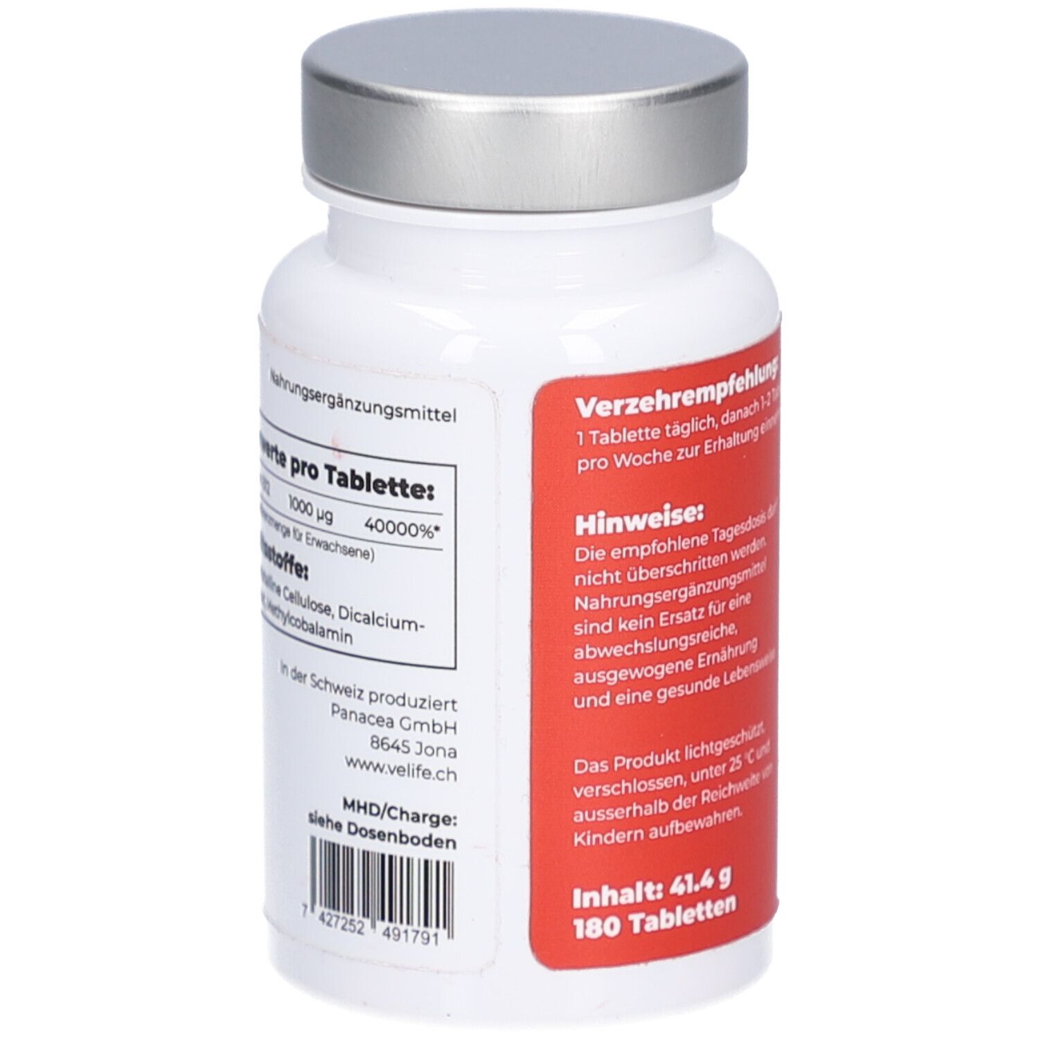Weiße Flasche mit rotem Etikett. Text: Nährwertangaben, Inhaltsstoffe, 180 Tabletten. Silberner Deckel. Rückansicht.