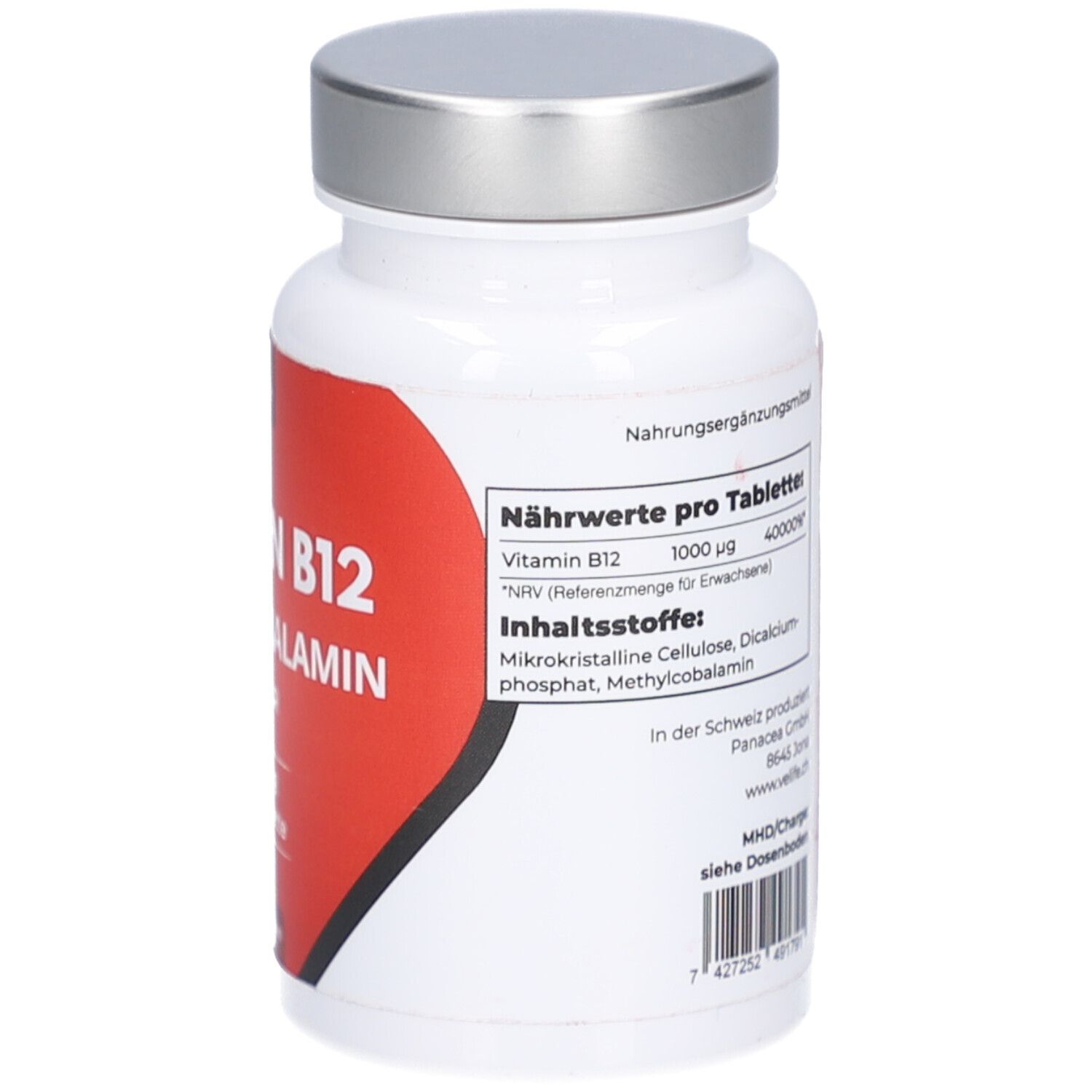 Weiße Flasche mit rotem Etikett. Text: Nährwerte, Inhaltsstoffe. Silberner Deckel. Rückansicht.