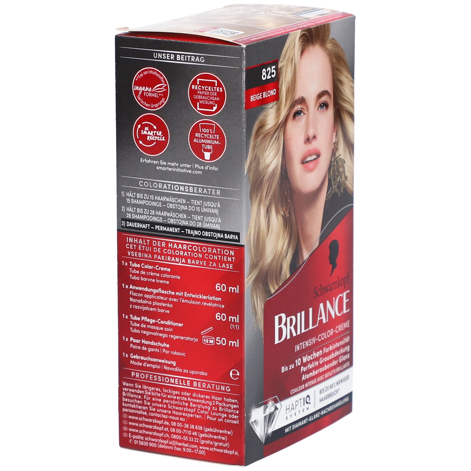 Schwarzkopf Brillance 825 Beige Blond. Emballage, vue latérale. Informations produit et ingrédients en allemand.