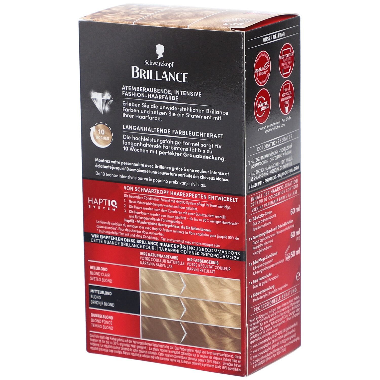 Emballage Schwarzkopf Brillance, dos. Informations produit, exemples de couleurs et instructions d'utilisation.