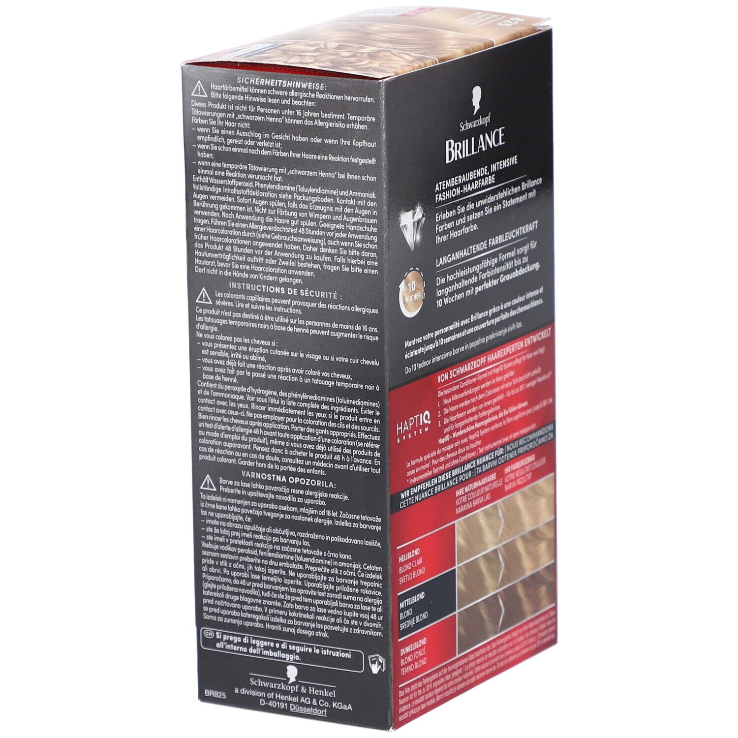 Emballage Schwarzkopf Brillance, vue latérale. Consignes de sécurité et instructions d'utilisation en plusieurs langues.
