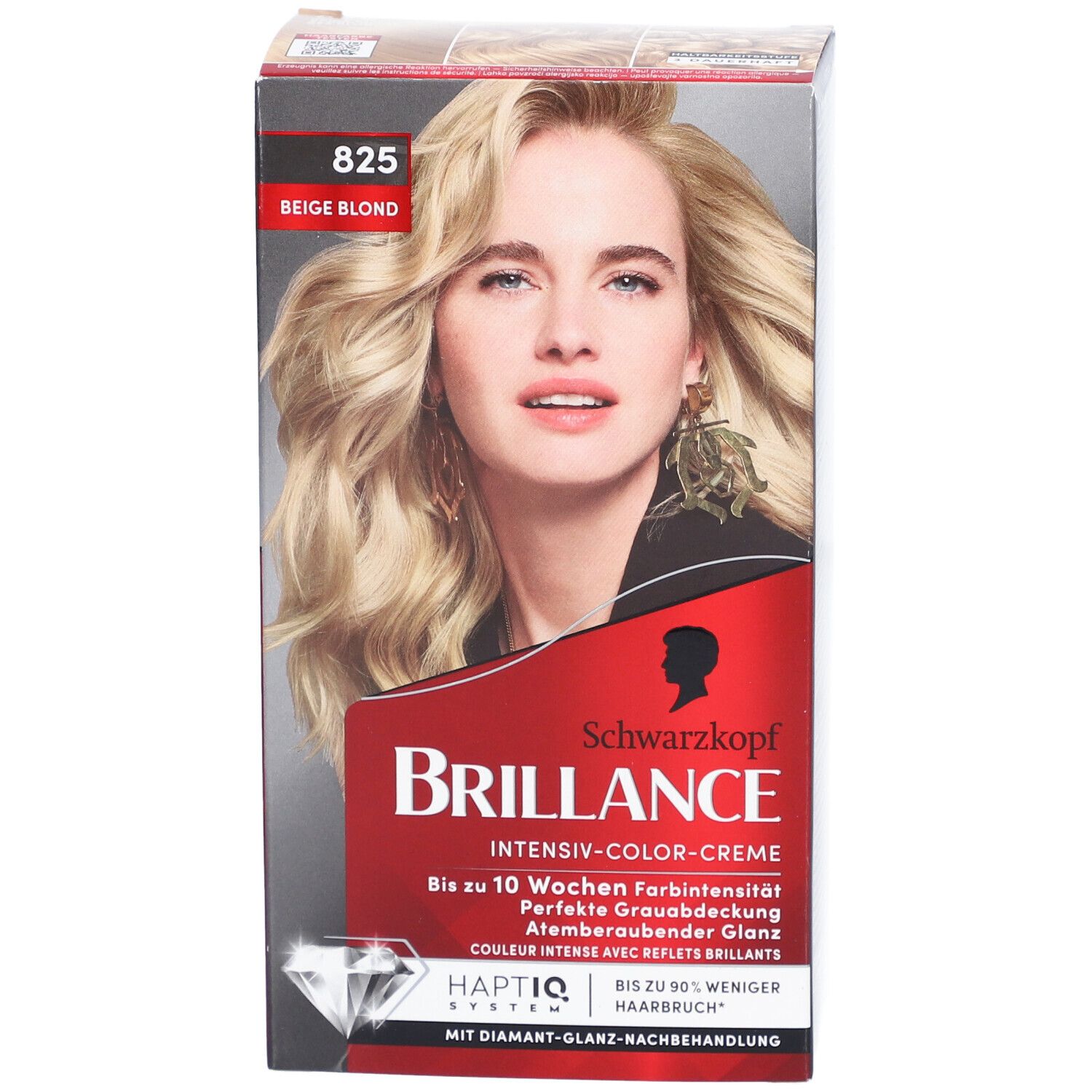 Schwarzkopf Brillance 825 Beige Blond. Boîte de coloration avec femme blonde. Nom du produit et numéro de teinte visibles.
