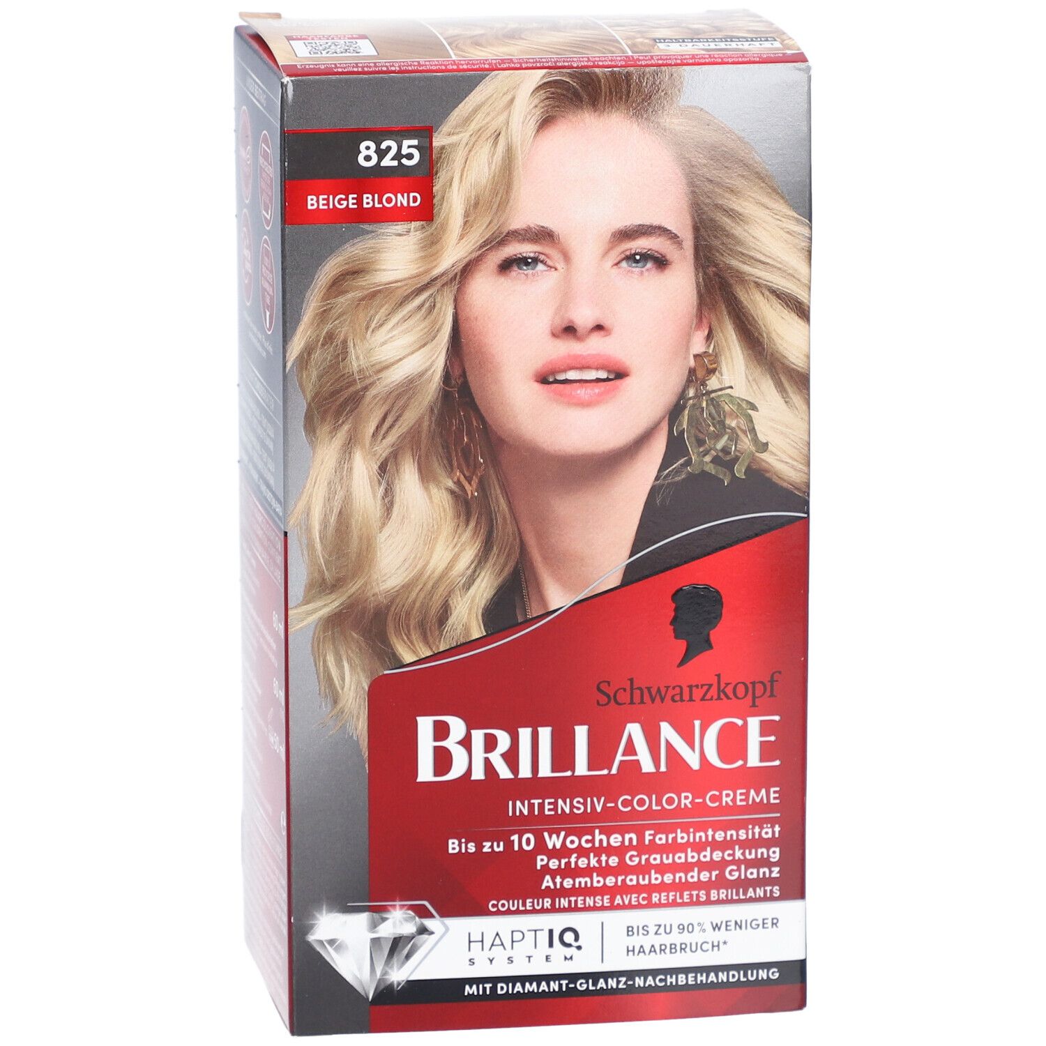 Schwarzkopf Brillance 825 Beige Blond. Boîte de coloration avec femme blonde. Nom du produit et numéro de teinte visibles.