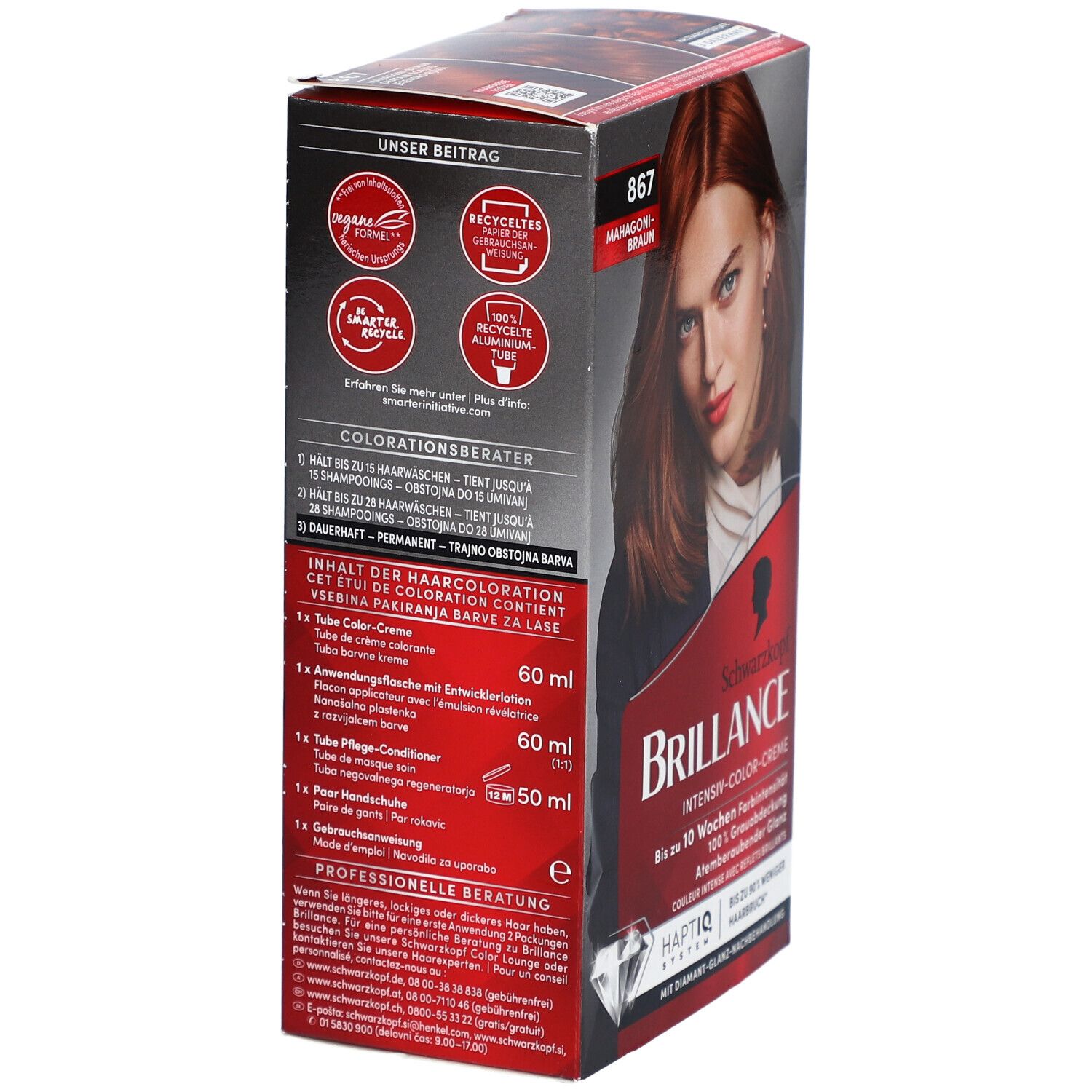 Rückseite der Haarfarben-Packung. Schwarzkopf Brillance, Farbton 867 Mahagonibraun. Inhaltsangaben und Produktinformationen.