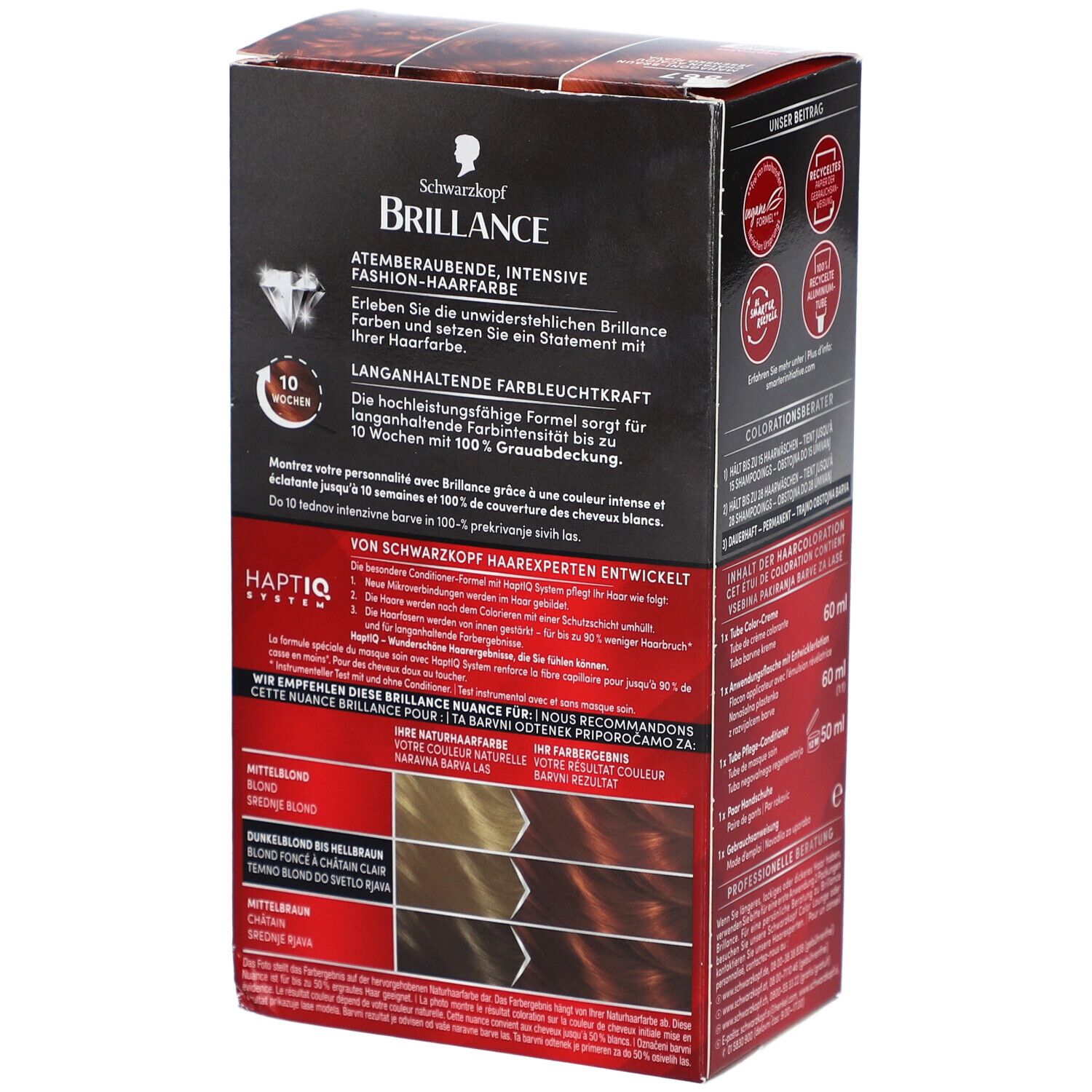 Seite der Haarfarben-Packung. Schwarzkopf Brillance, Informationen zur Intensiv-Color-Creme und Farbauswahl.