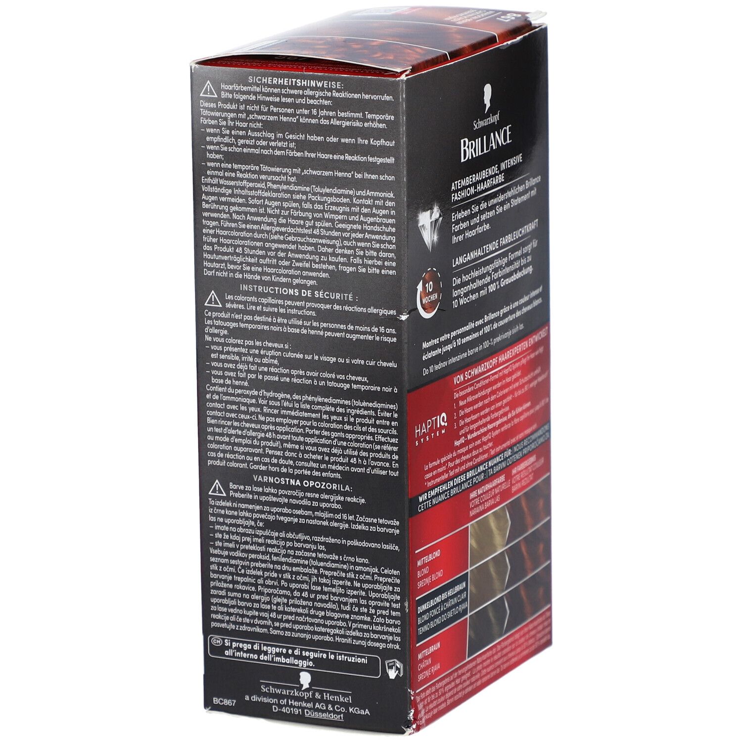 Seite der Haarfarben-Packung. Schwarzkopf Brillance, Sicherheits- und Anwendungshinweise.