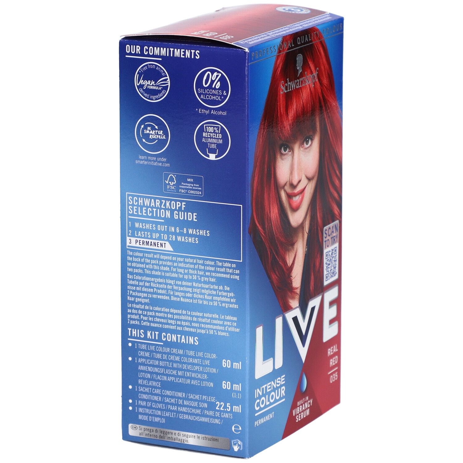 Schwarzkopf LIVE Intense Color Gel, Real Red 035. Verpackung mit Informationen. Enthält Angaben zu Inhaltsstoffen und Anwendung.