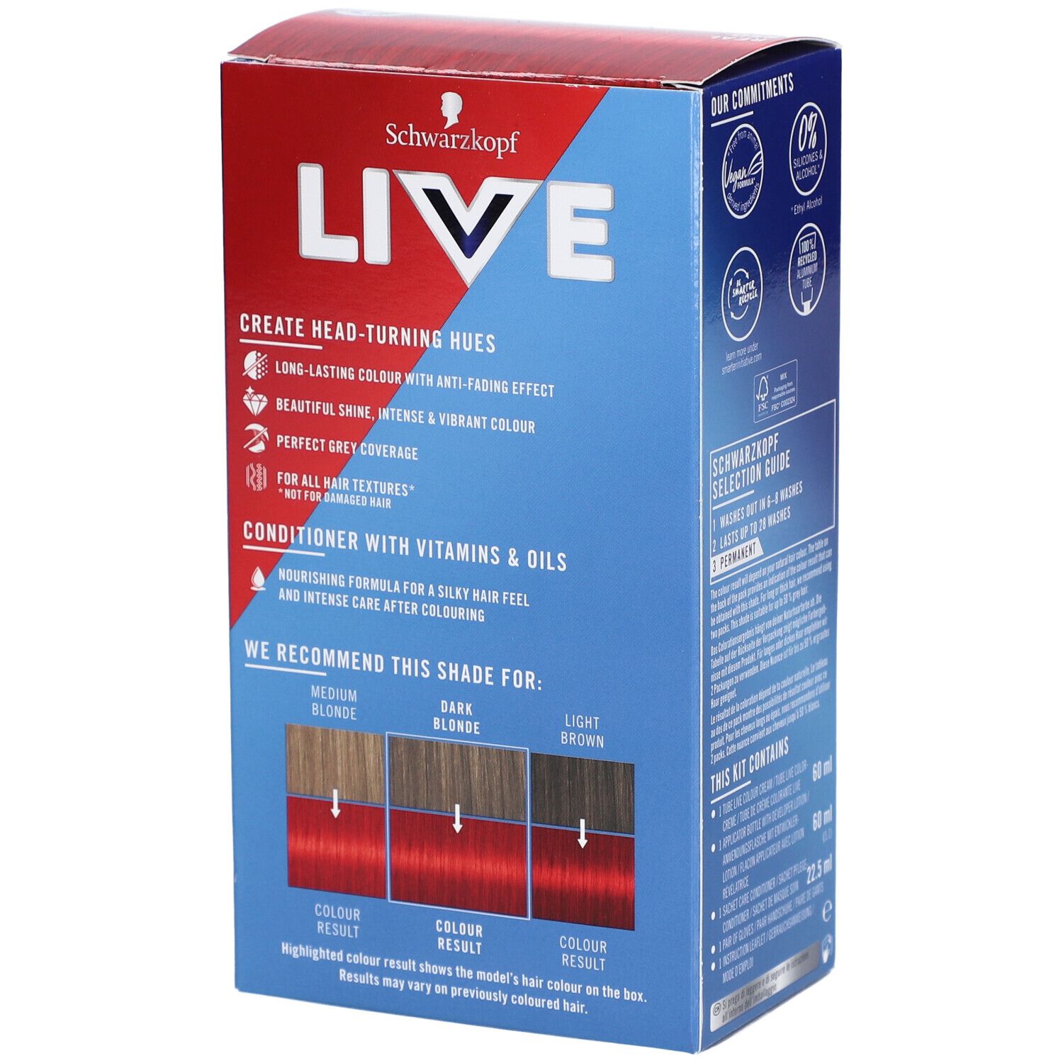 Rückseite der Verpackung von Schwarzkopf LIVE Intense Color Gel. Enthält Informationen zur Farbauswahl und Farbergebnissen.