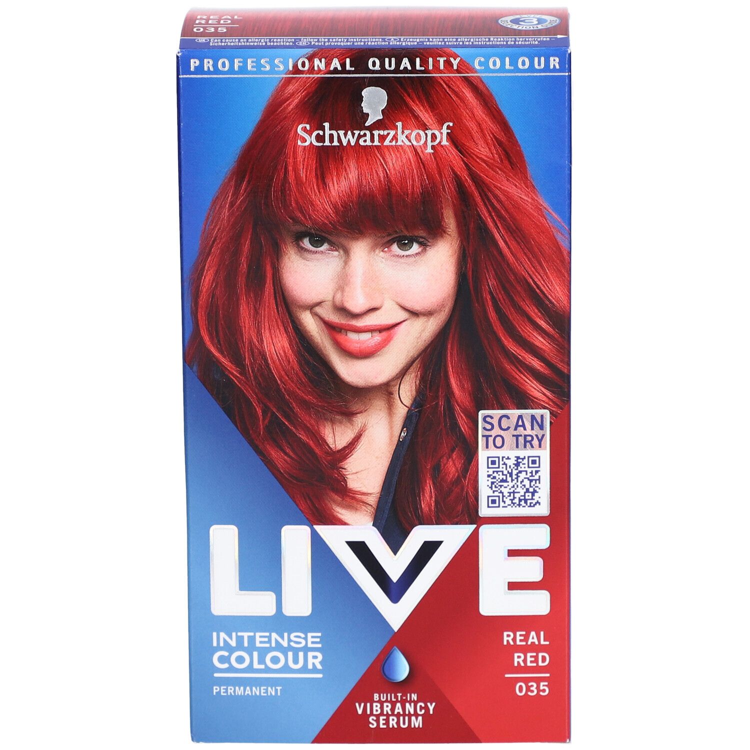 Schwarzkopf LIVE Intense Color Gel in Real Red 035. Verpackung mit Abbildung einer Frau mit rotem Haar. QR-Code zum Scannen.