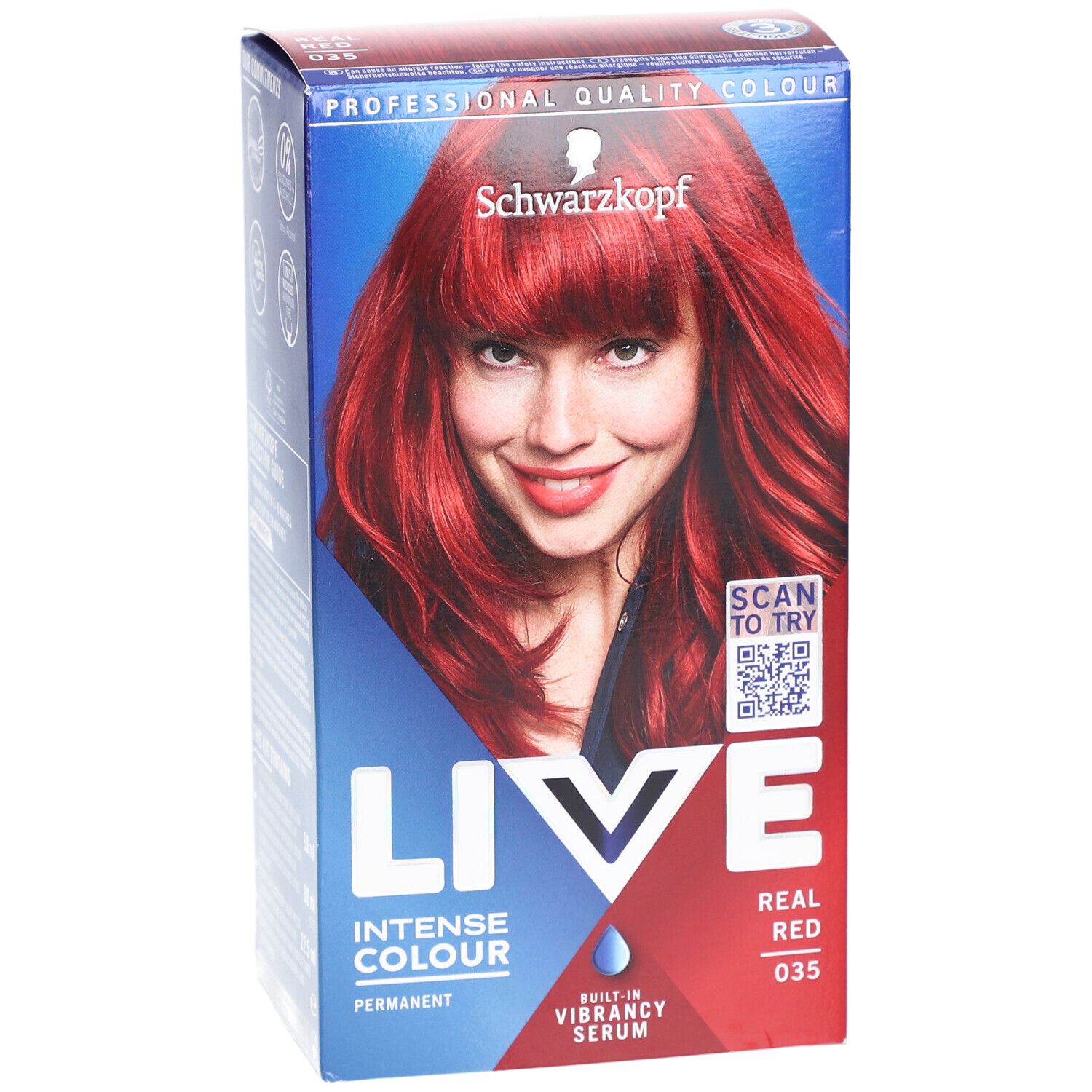 Schwarzkopf LIVE Intense Color Gel in Real Red 035. Verpackung mit Abbildung einer Frau mit rotem Haar. QR-Code zum Scannen.