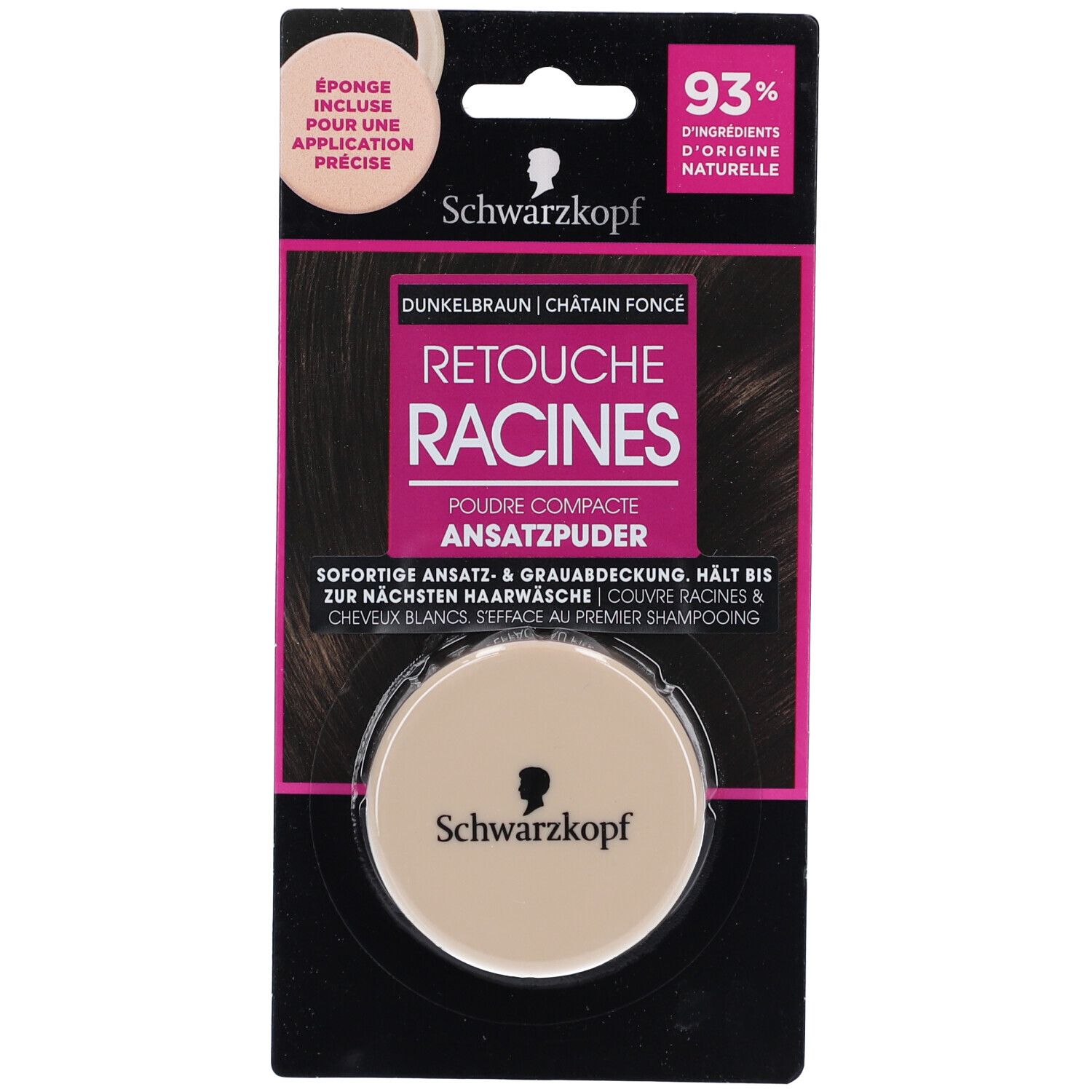 Poudre compacte dans son emballage. Brun foncé. Avec éponge. Logo Schwarzkopf. 93% d'ingrédients d'origine naturelle.