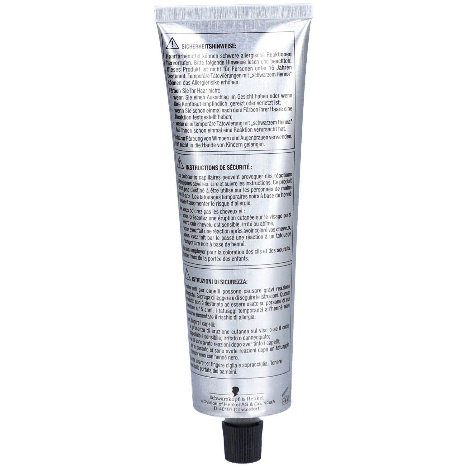 Dos du tube SYOSS Color Glow. Texte en allemand, français et italien. Bouchon noir.