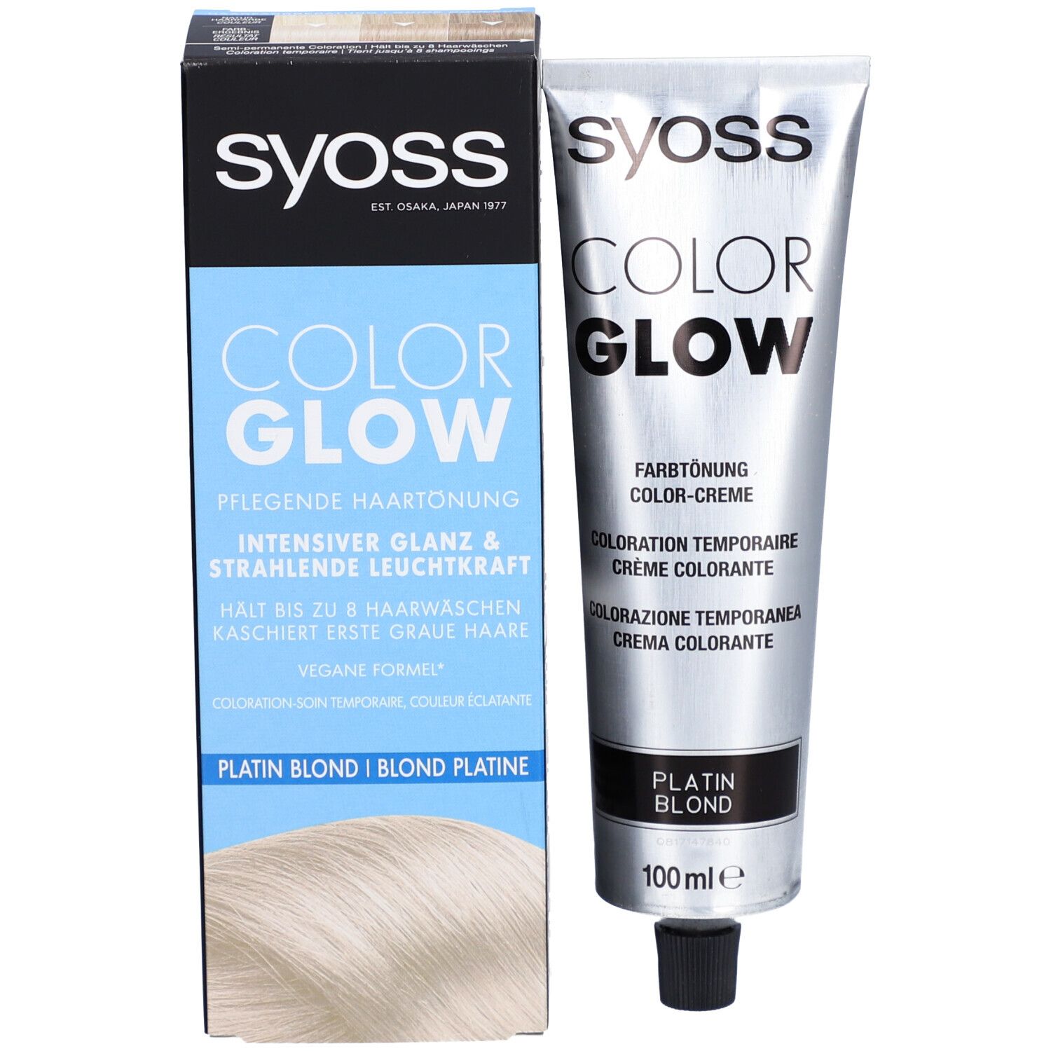 SYOSS Color Glow Platin Blond coloration temporaire avec emballage. Tube et boîte côte à côte.