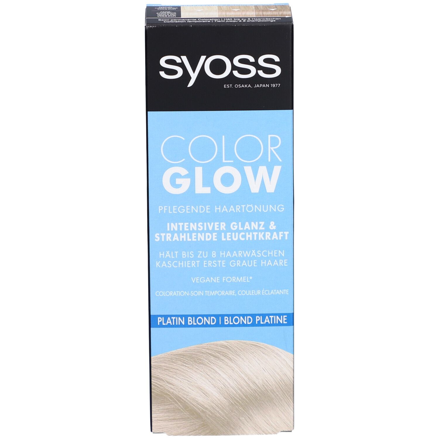 Emballage SYOSS Color Glow Platin Blond. Fond bleu clair, nom et description du produit.