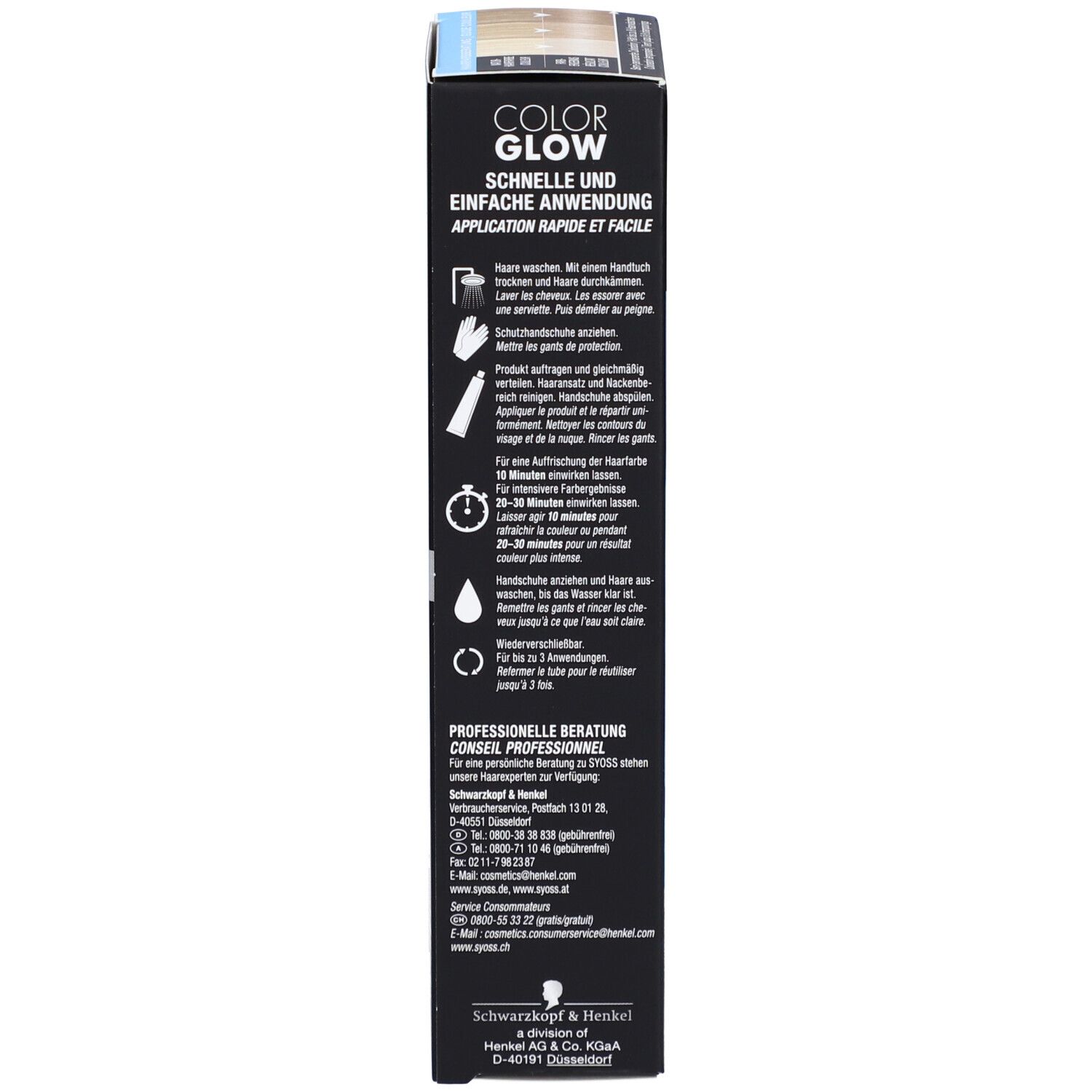 Côté de l'emballage SYOSS Color Glow. Instructions d'utilisation et coordonnées.