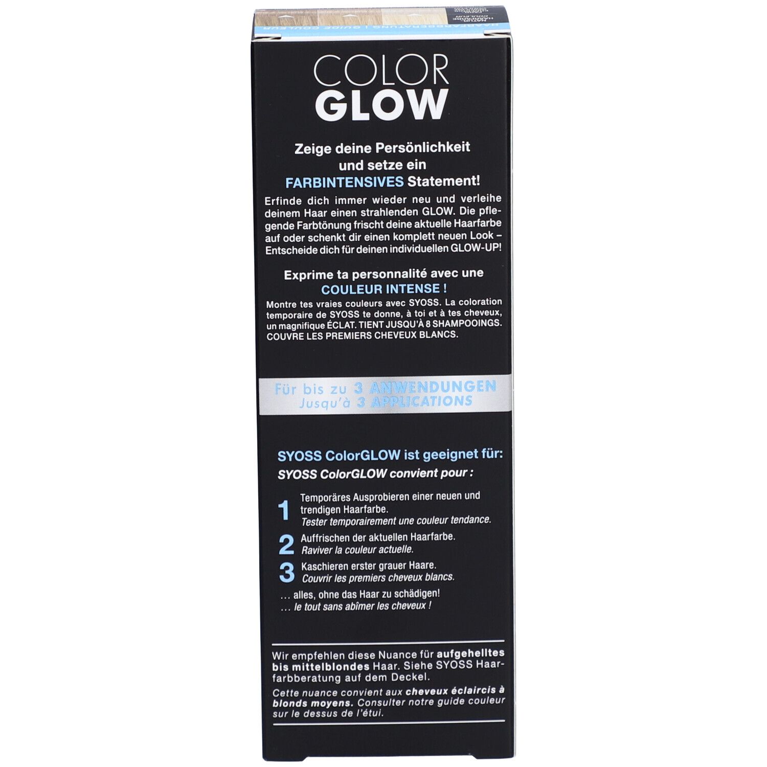 Côté de l'emballage SYOSS Color Glow. Description du produit et instructions d'utilisation.
