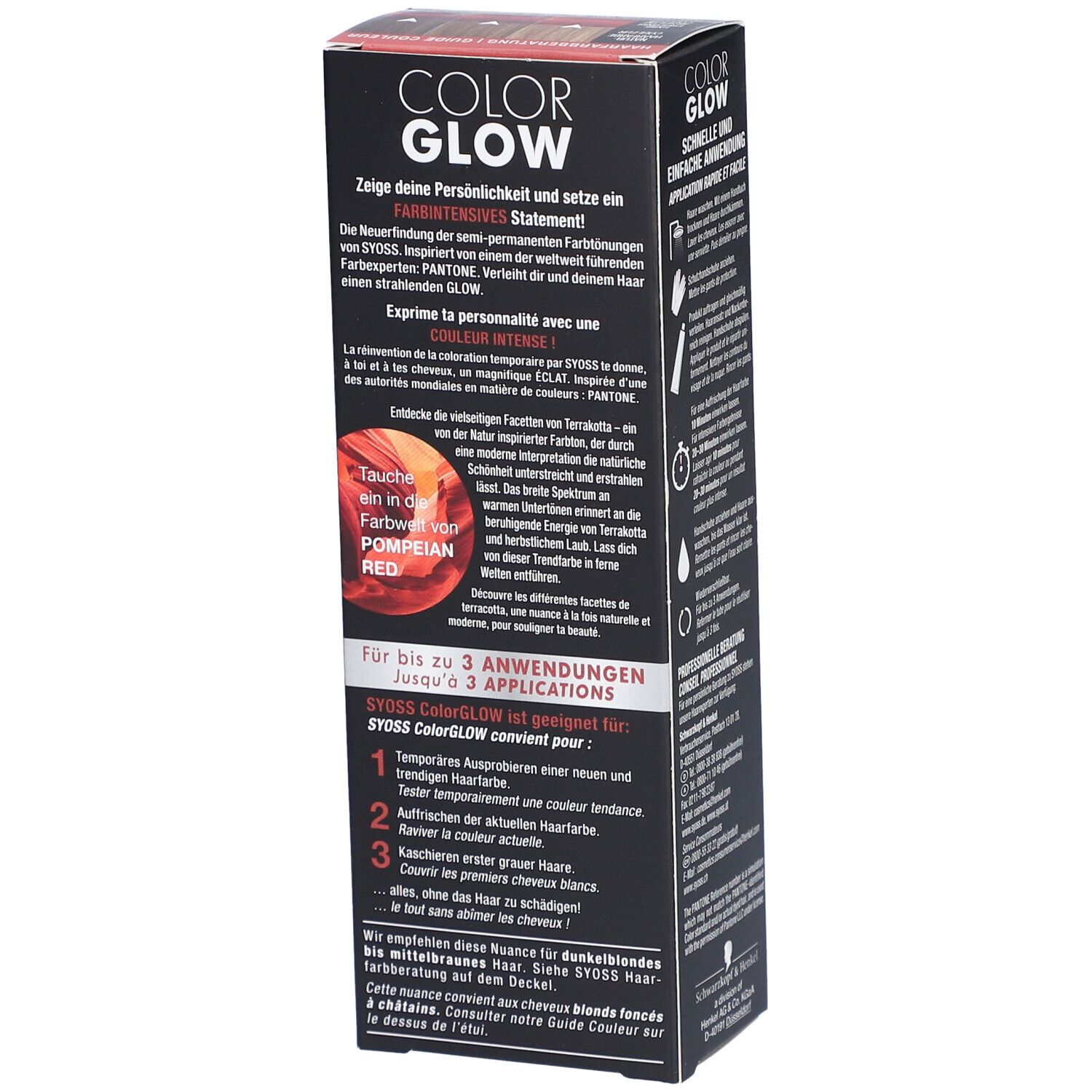 Boîte Syoss Color Glow, dos. Texte: Color Glow, pour jusqu'à 3 applications. Texte: Pompeian Red. Schwarzkopf & Henkel.
