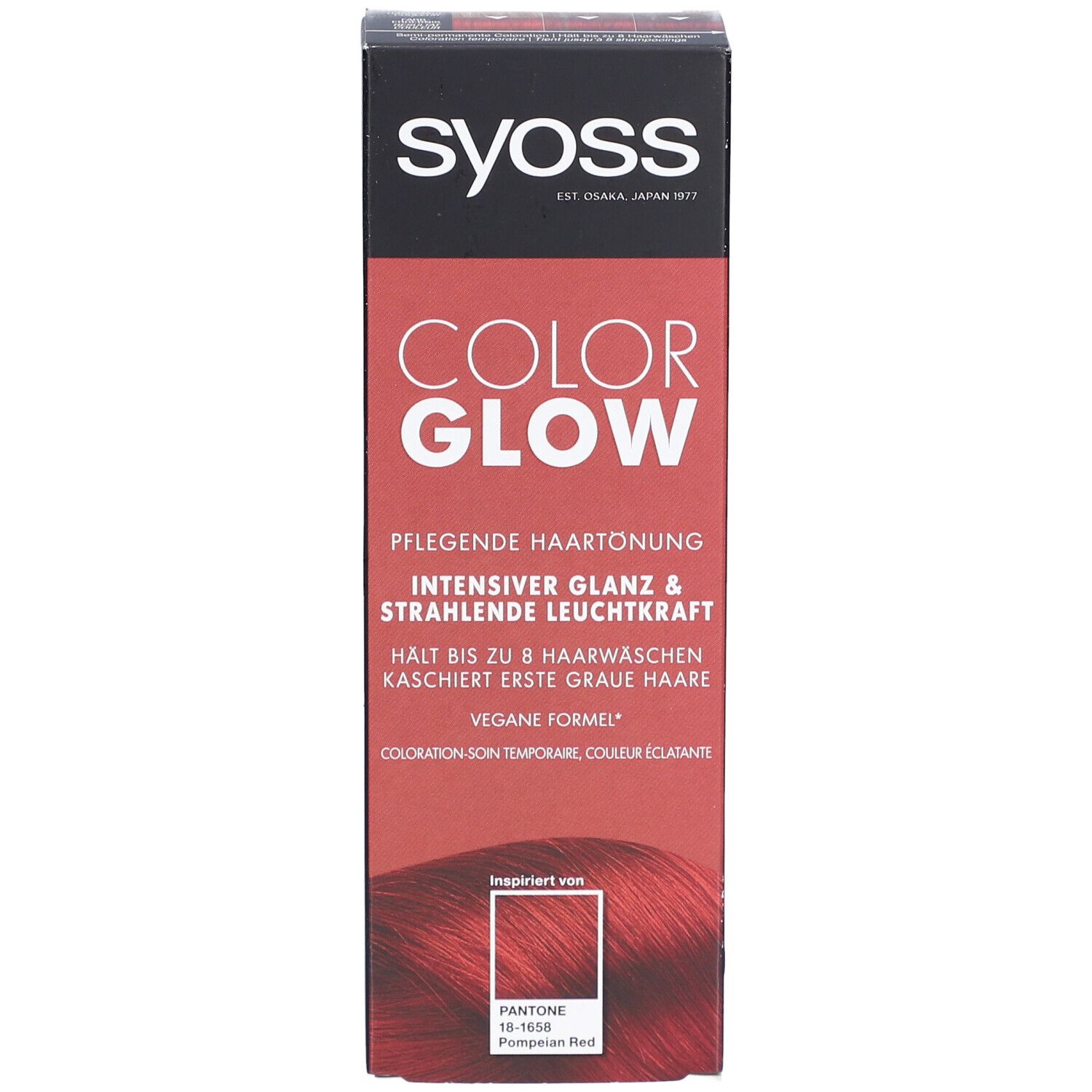Boîte Syoss Color Glow. Texte: Color Glow, Rouge intense, jusqu'à 8 lavages. Pantone 18-1658 Pompeian Red.