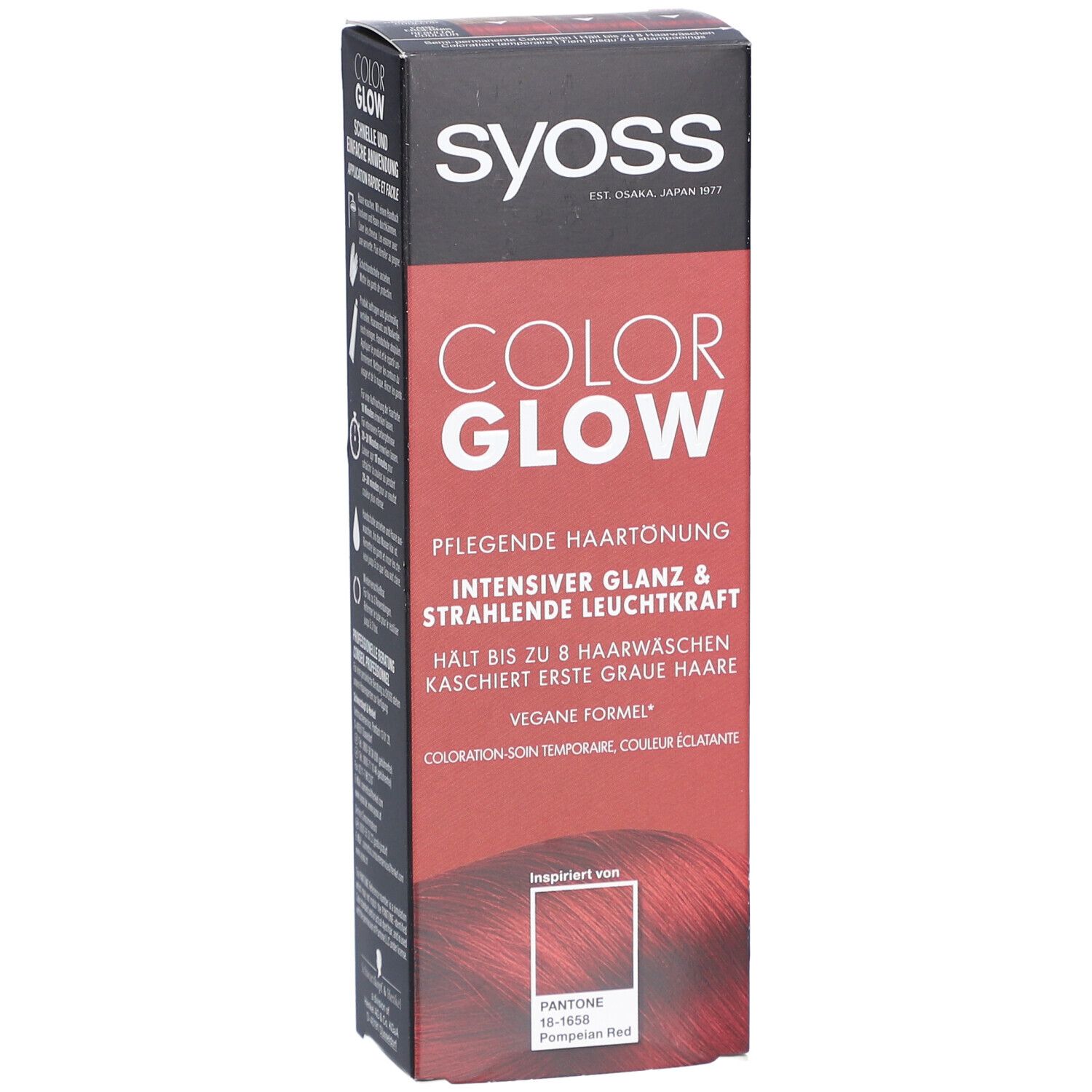 Boîte Syoss Color Glow. Texte: Color Glow, Rouge intense, jusqu'à 8 lavages. Pantone 18-1658 Pompeian Red.