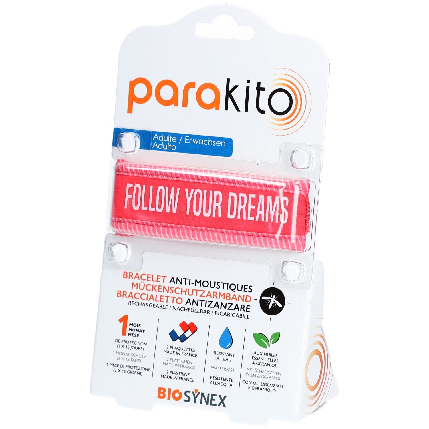 PARAKITO Armband, fuschiafarben, in Verpackung. Text: FOLLOW YOUR DREAMS. Verpackung mit Produktinformationen.