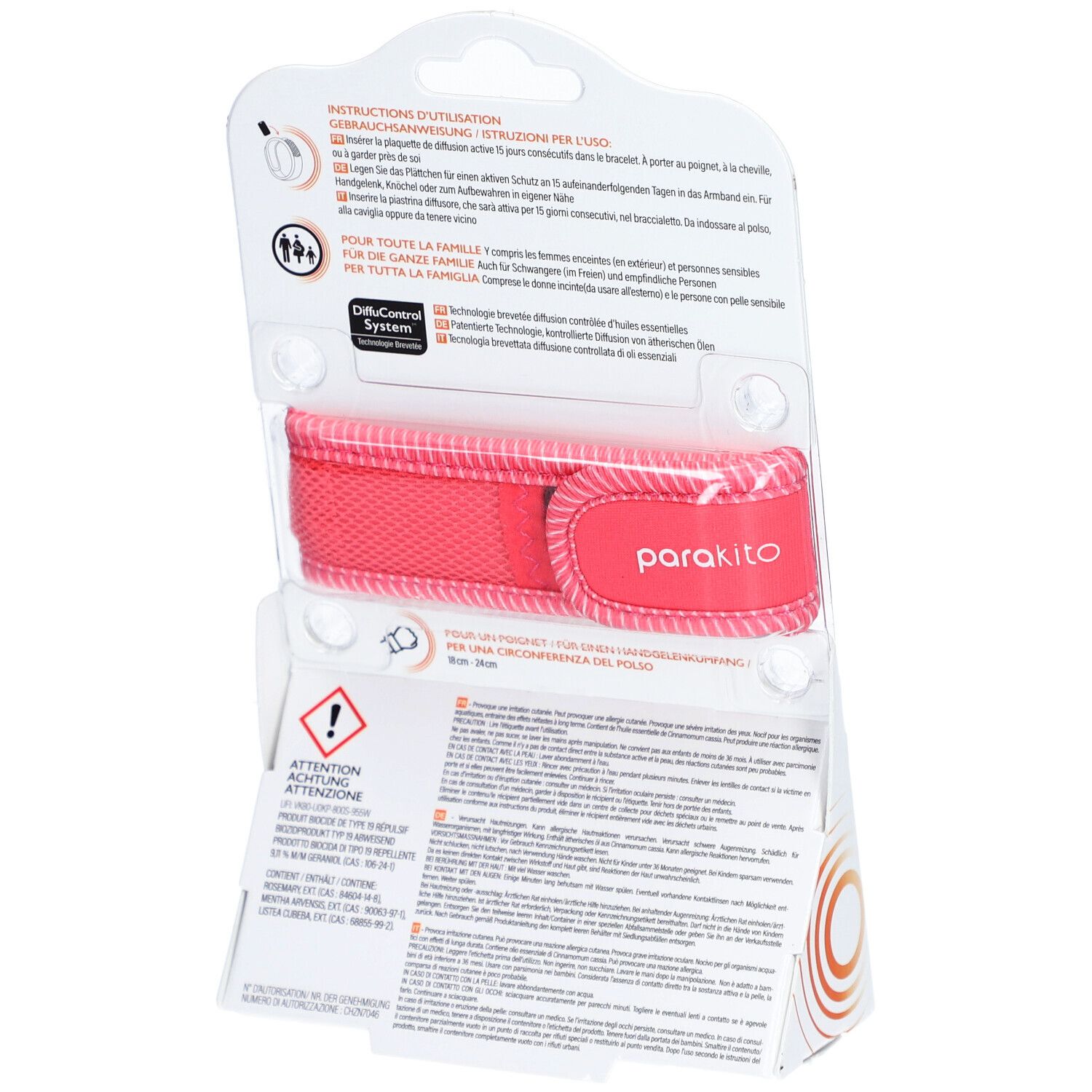 Rückseite der PARAKITO Verpackung. Informationen und Warnhinweise. Armband sichtbar.