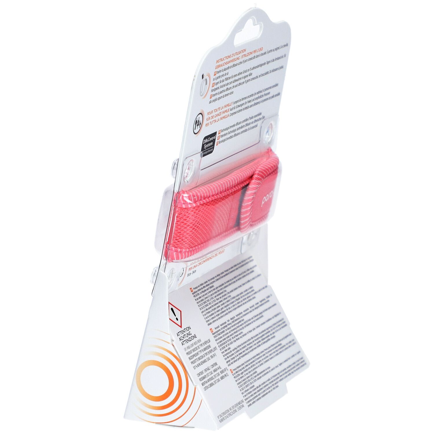 PARAKITO Armband in Verpackung, Rückseite. Warnhinweise und Produktinformationen.