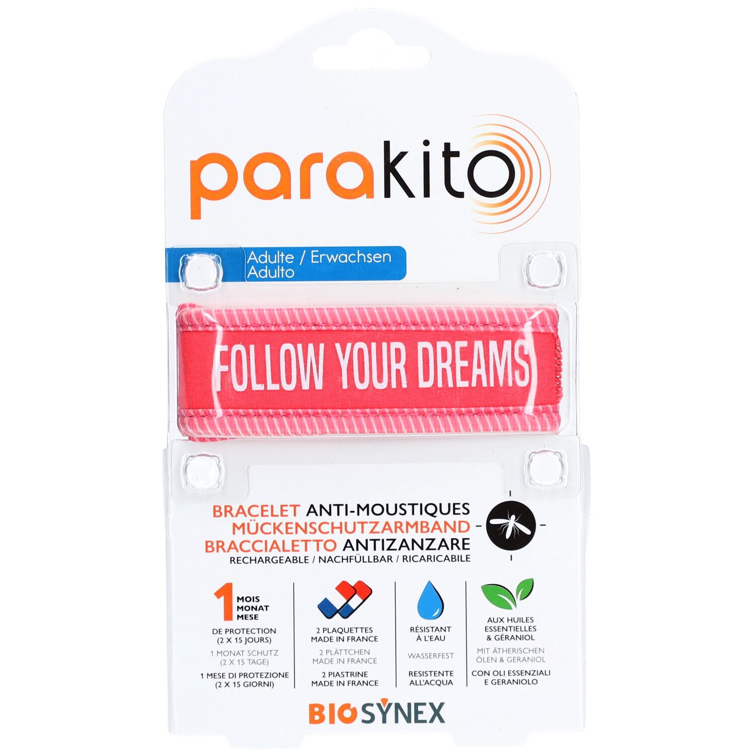 PARAKITO Armband, fuschiafarben, in Verpackung. Text: FOLLOW YOUR DREAMS. Produktinformationen.