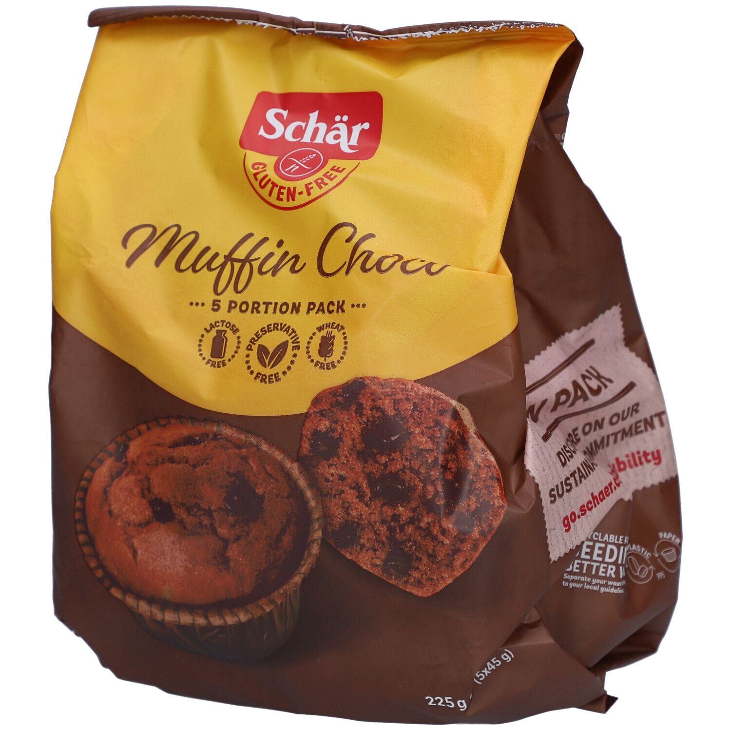 Verpackung mit Schär Glutenfreier Muffin mit Schokolade. Gelb-braune Verpackung, Muffins abgebildet. Enthält 5 Portionen.