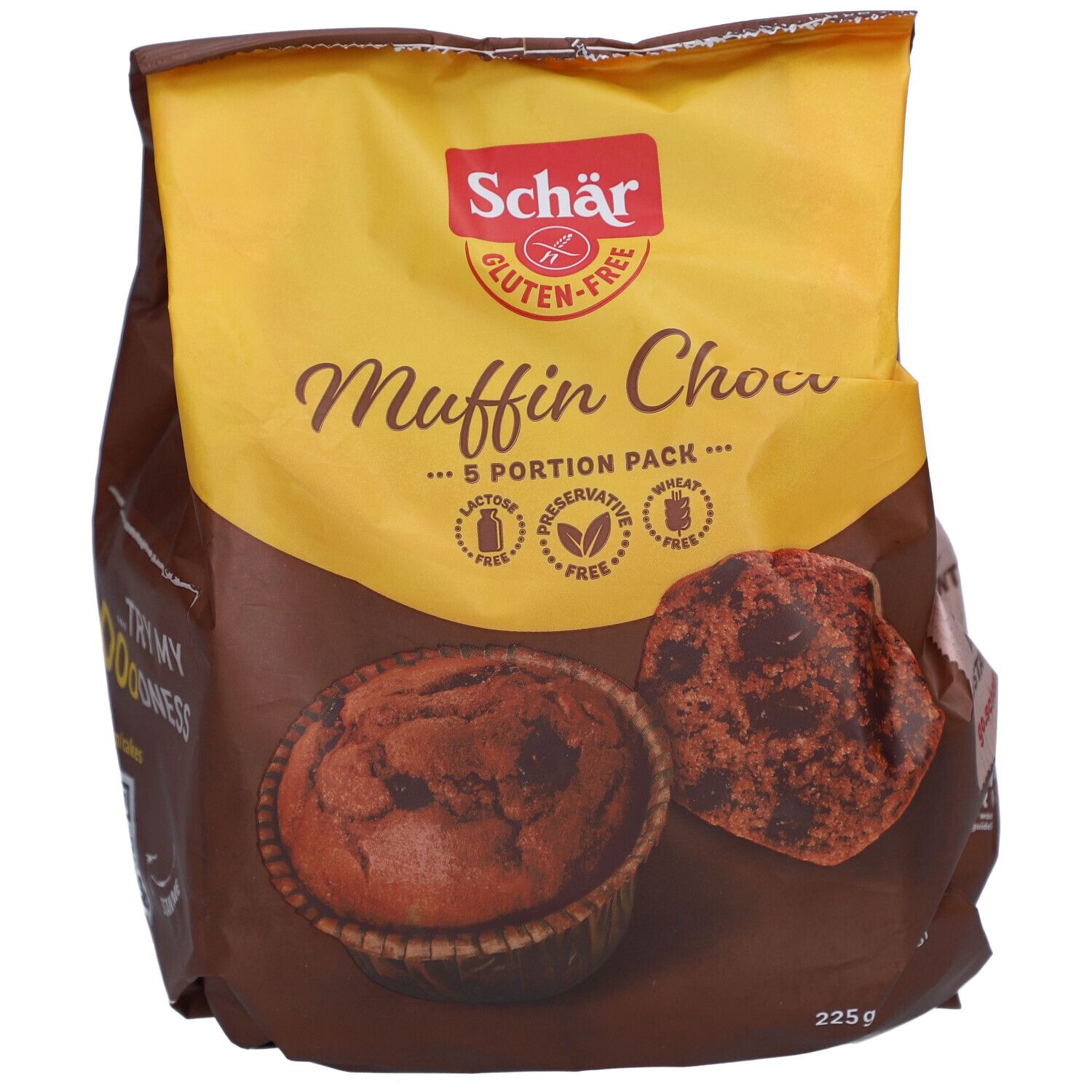Verpackung von Schär Glutenfreier Muffin mit Schokolade. Gelb-braune Verpackung, Muffins abgebildet. 225g, 5 Portionen.