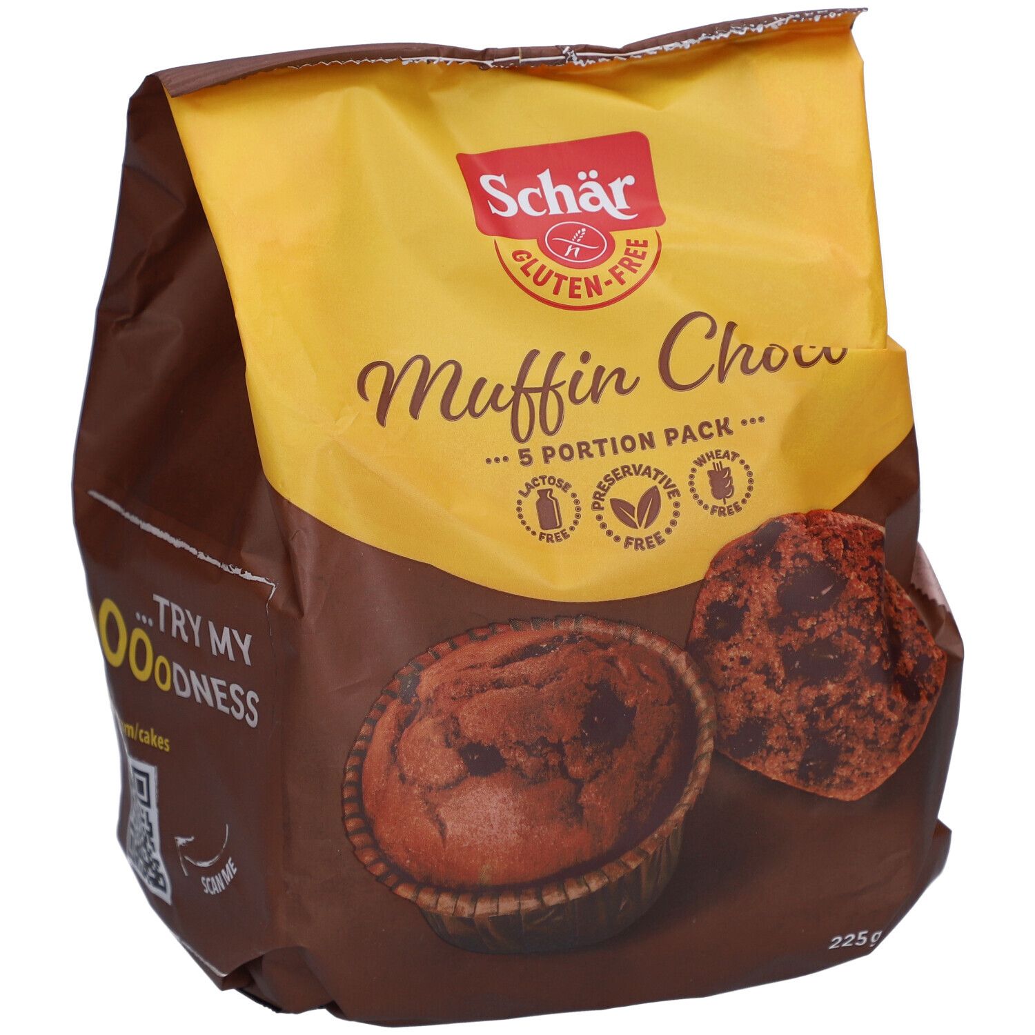 Verpackung von Schär Glutenfreier Muffin mit Schokolade. Gelb-braune Verpackung, Muffins abgebildet. 225g, 5 Portionen.