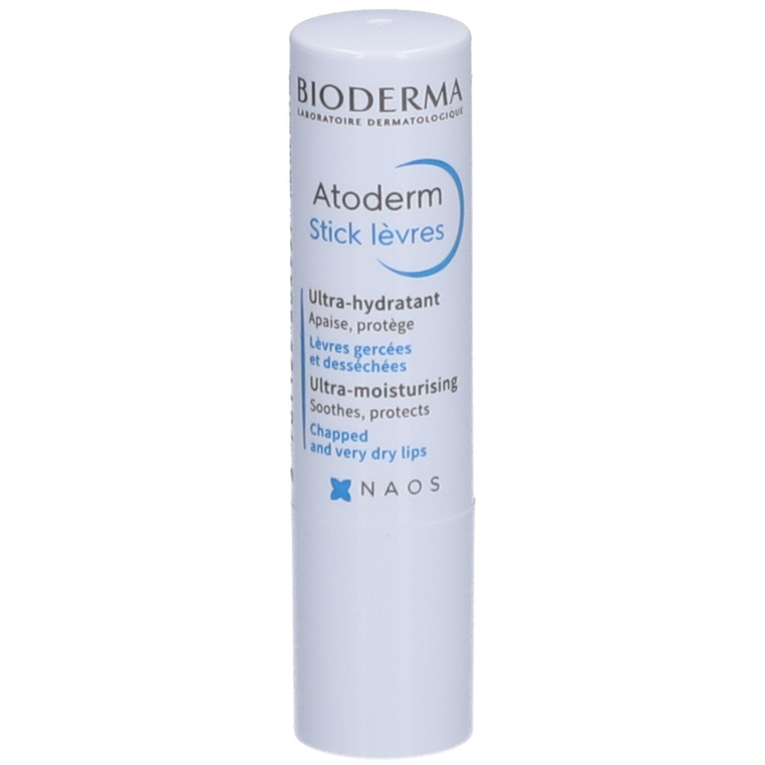 Weißer Lippenpflegestift mit blauer Schrift. Beschriftung: BIODERMA, Atoderm Stick lèvres. Ultra-hydratant, lèvres gercées.