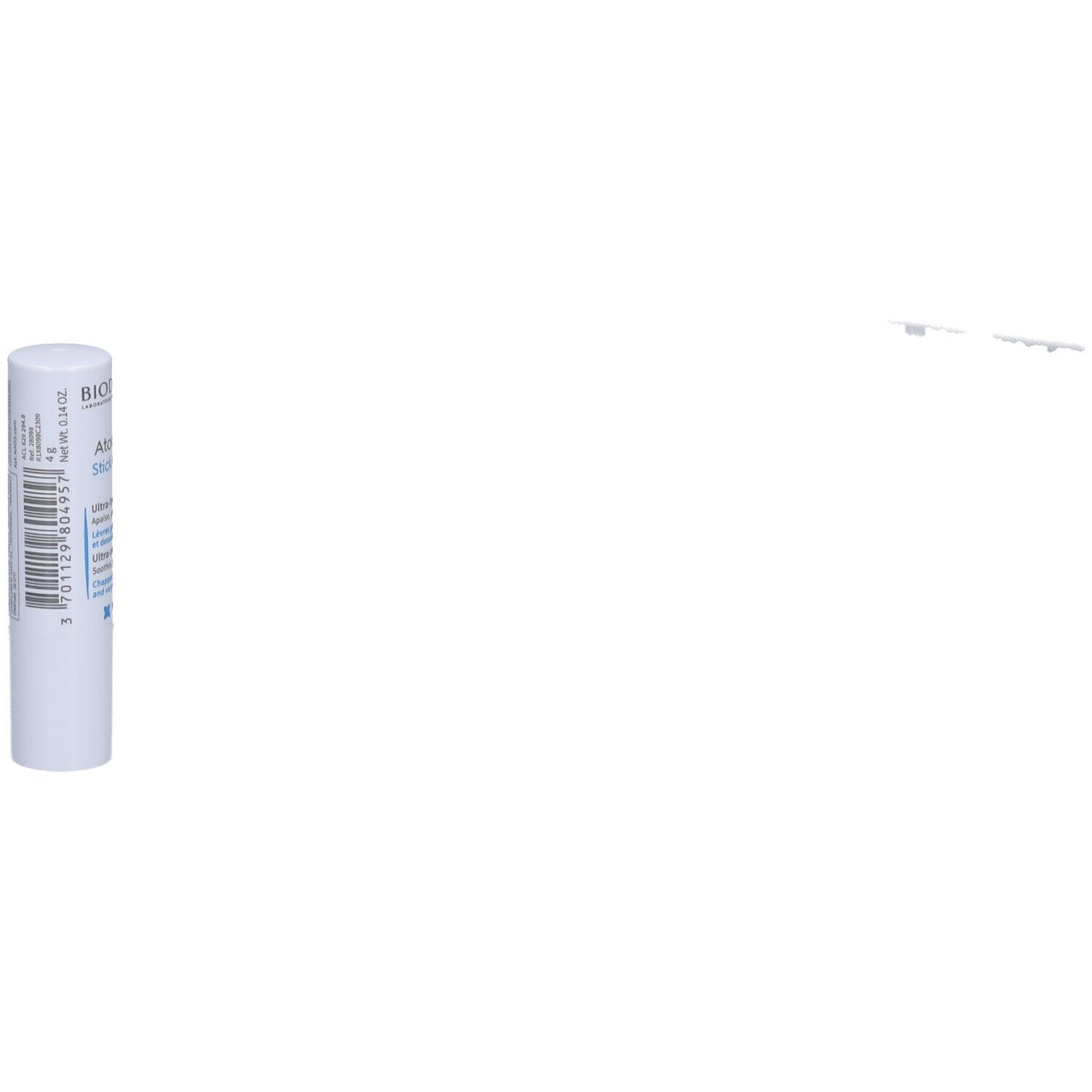 Weißer Lippenpflegestift, teilweise sichtbar. Aufschrift: BIODERMA, Atoderm Stick lèvres. Produktverpackung.