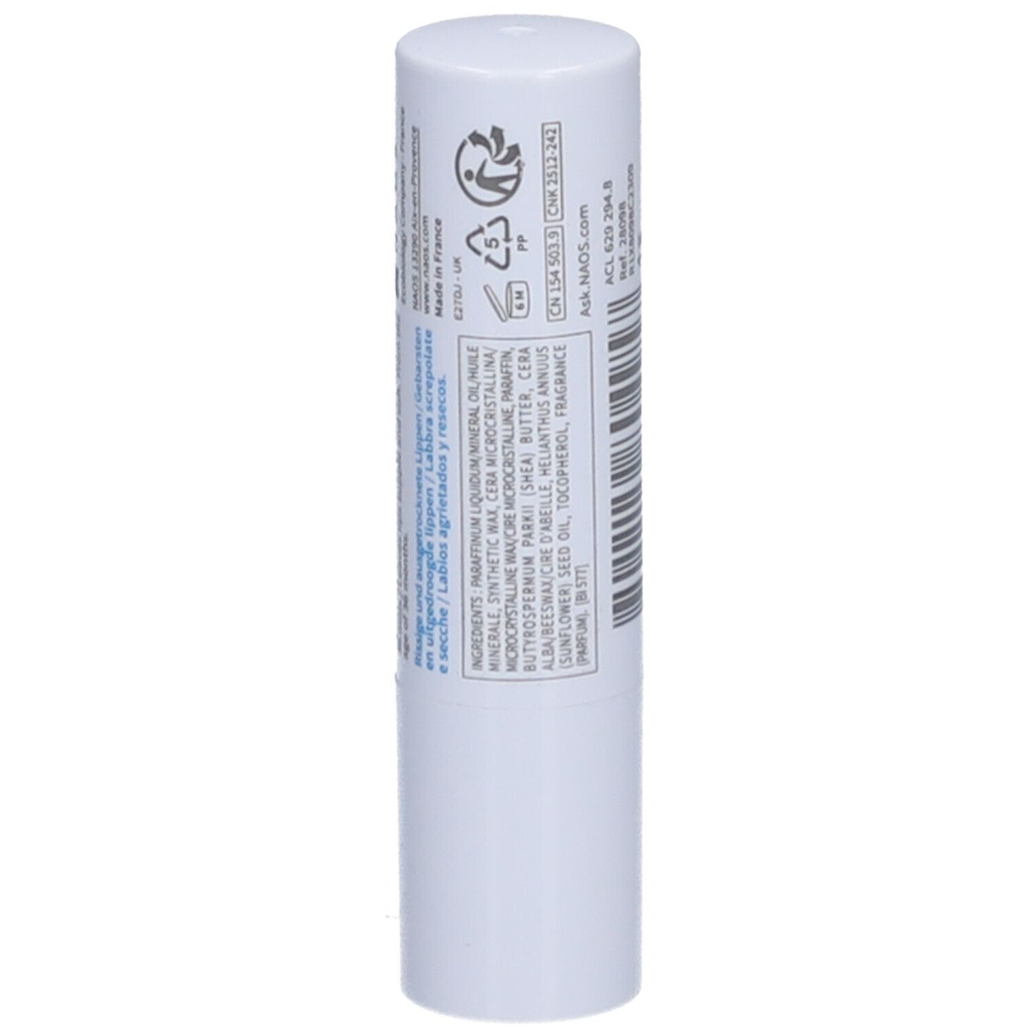 Weißer Lippenpflegestift. Rückseite mit Inhaltsstoffen und Herstellerinformationen. Text: BIODERMA, NAOS.
