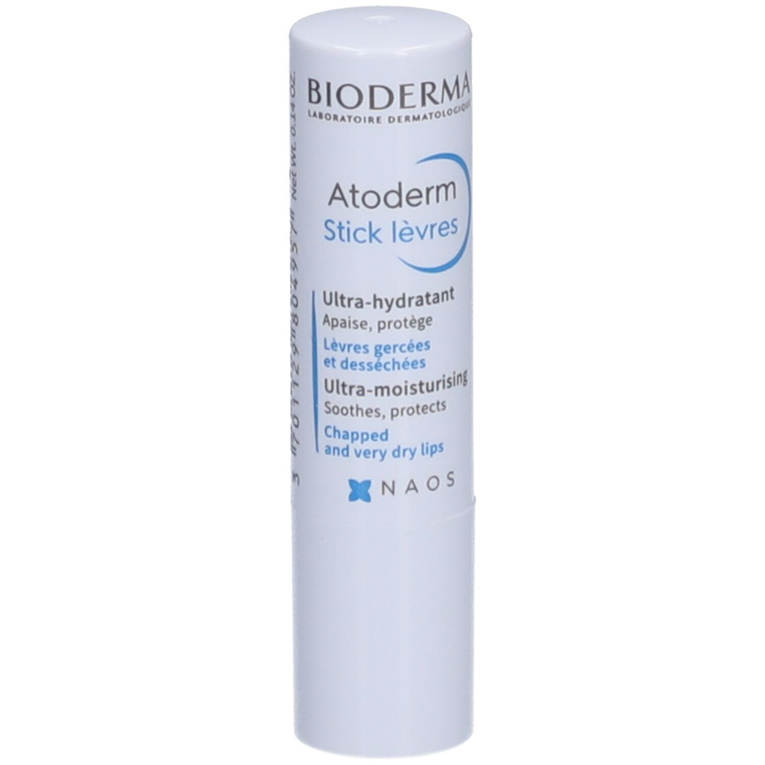 Weißer Lippenpflegestift mit blauer Schrift. Beschriftung: BIODERMA, Atoderm Stick lèvres. Ultra-hydratant, lèvres gercées.