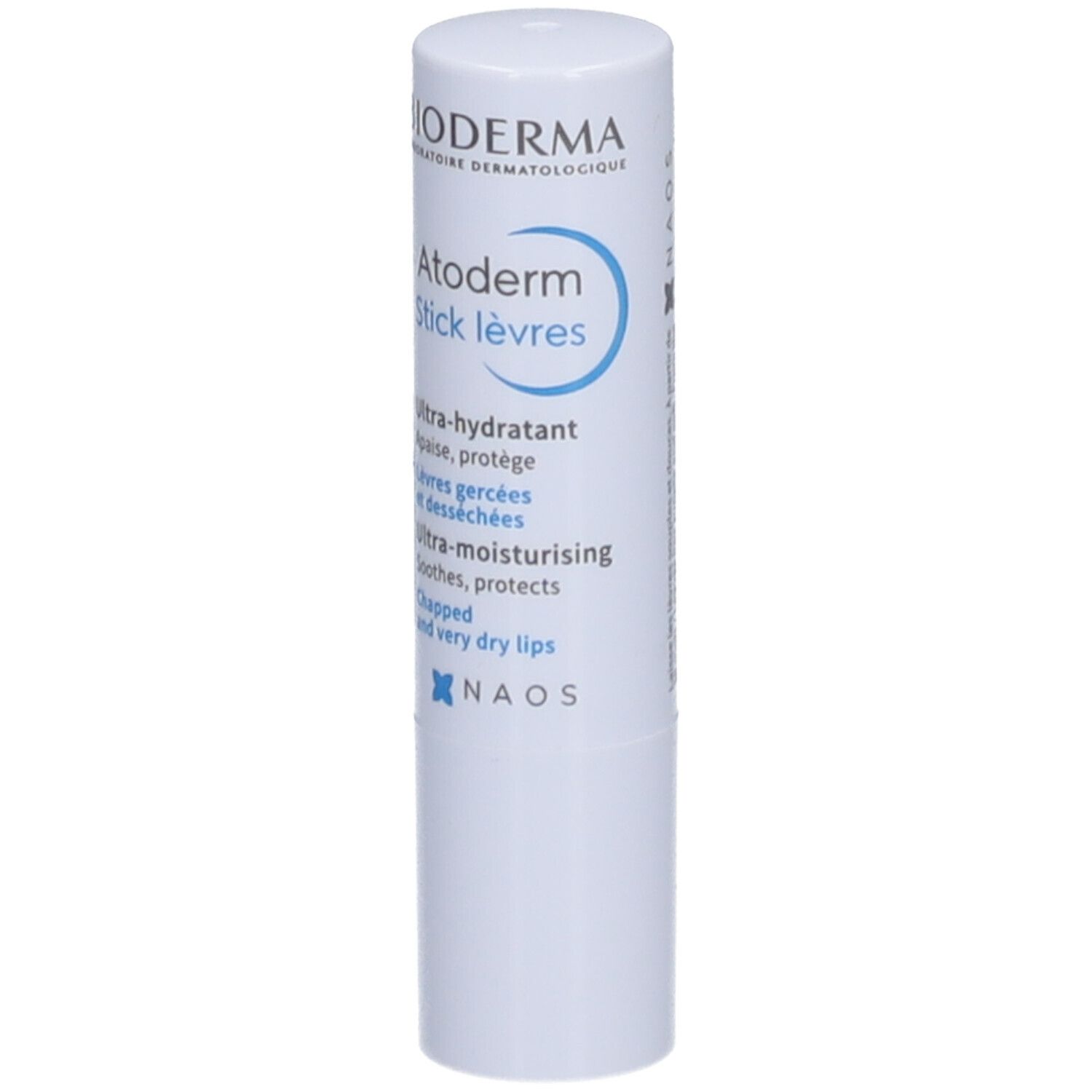 Weißer Lippenpflegestift mit blauer Schrift. Beschriftung: BIODERMA, Atoderm Stick lèvres. Ultra-hydratant, lèvres gercées.