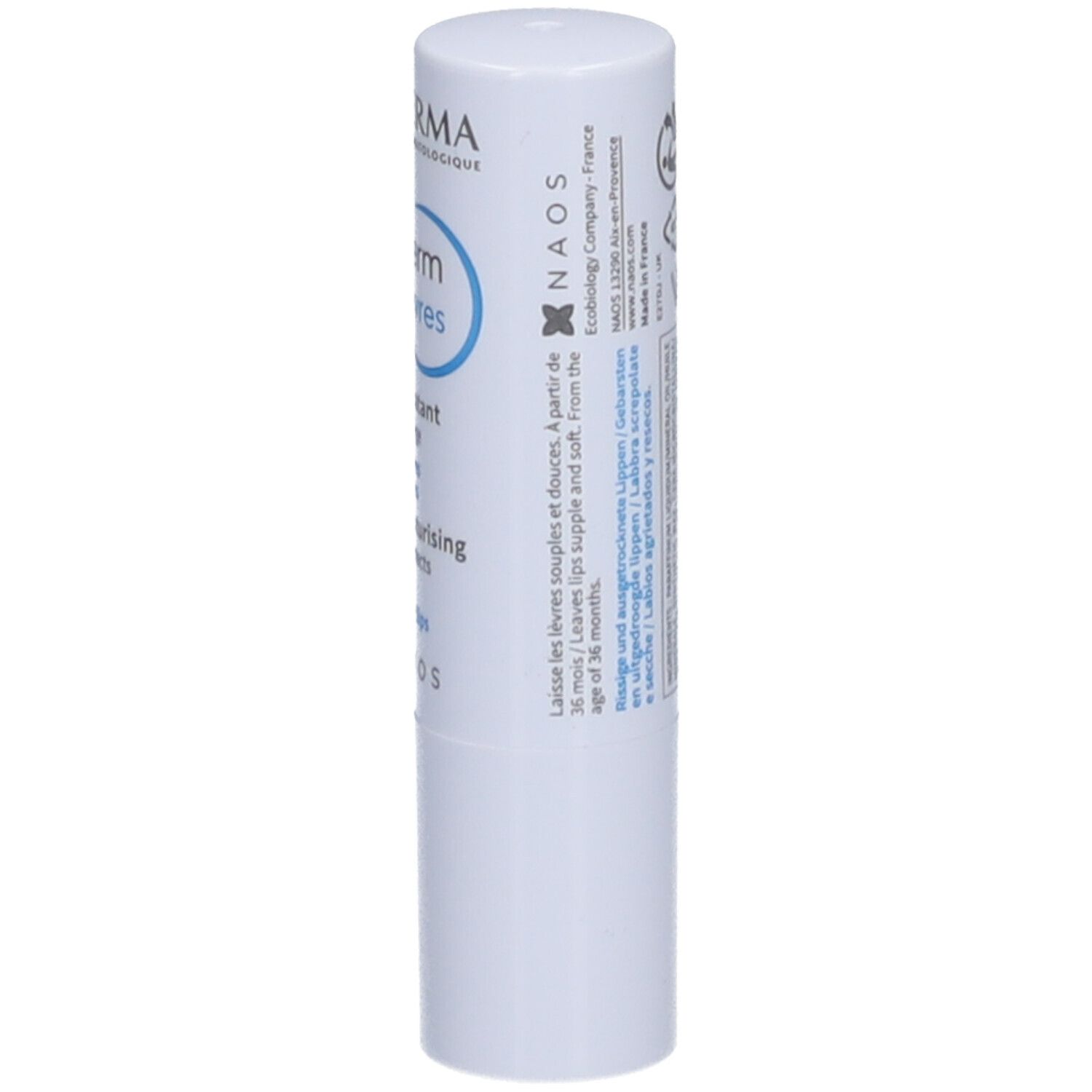 Weißer Lippenpflegestift mit blauer Schrift. Beschriftung: BIODERMA, Atoderm Stick lèvres. Ultra-hydratant, lèvres gercées.