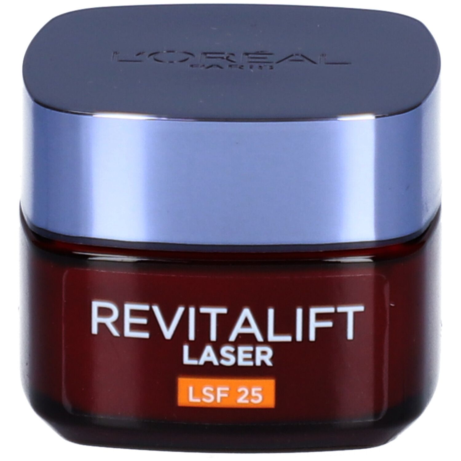Braune Creme-Dose mit blauem Deckel. Aufschrift: REVITALIFT LASER, LSF 25. Marke L'ORÉAL.
