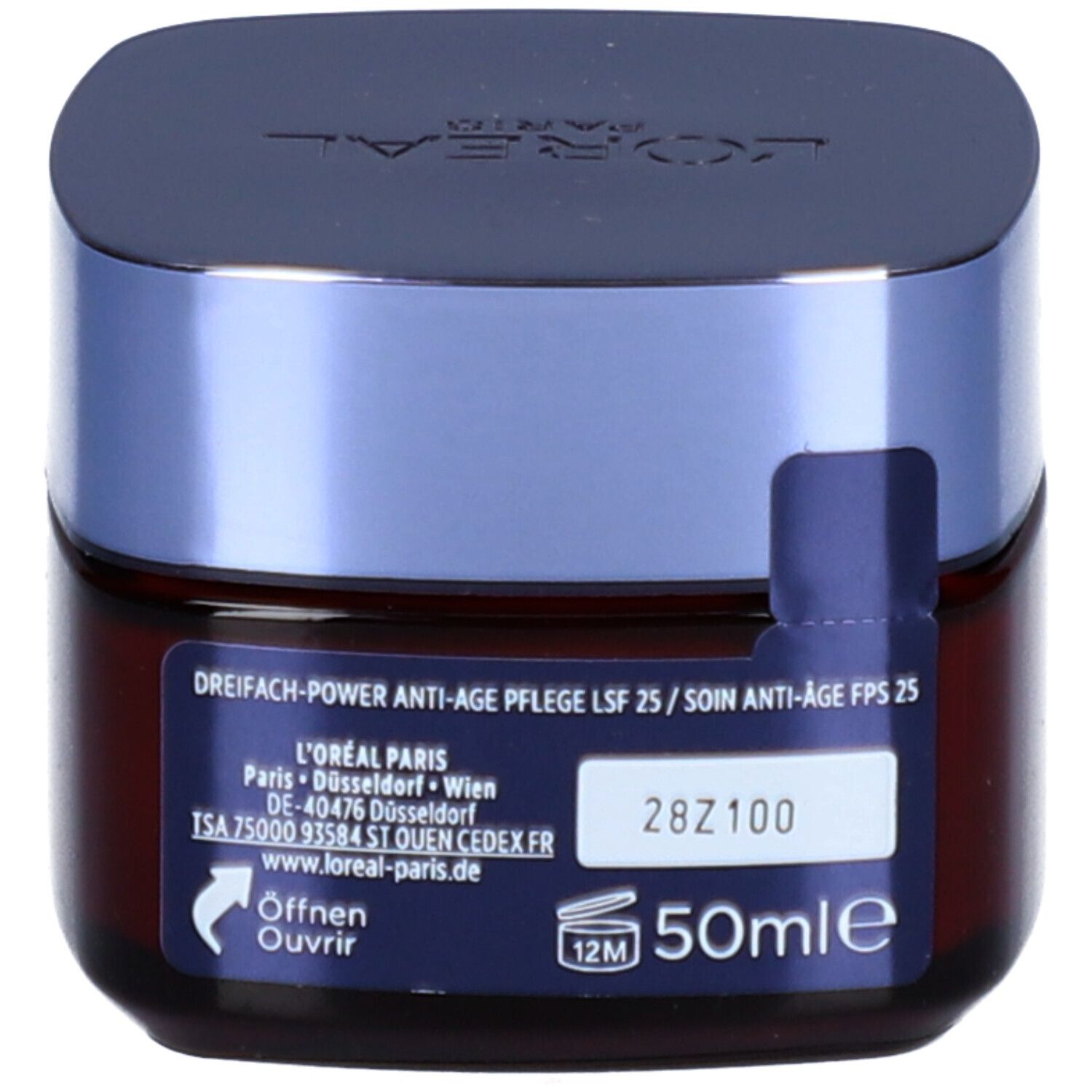 Braune Creme-Dose mit blauem Deckel. Aufschrift: L'ORÉAL PARIS. Rückseite mit Text und 50ml.