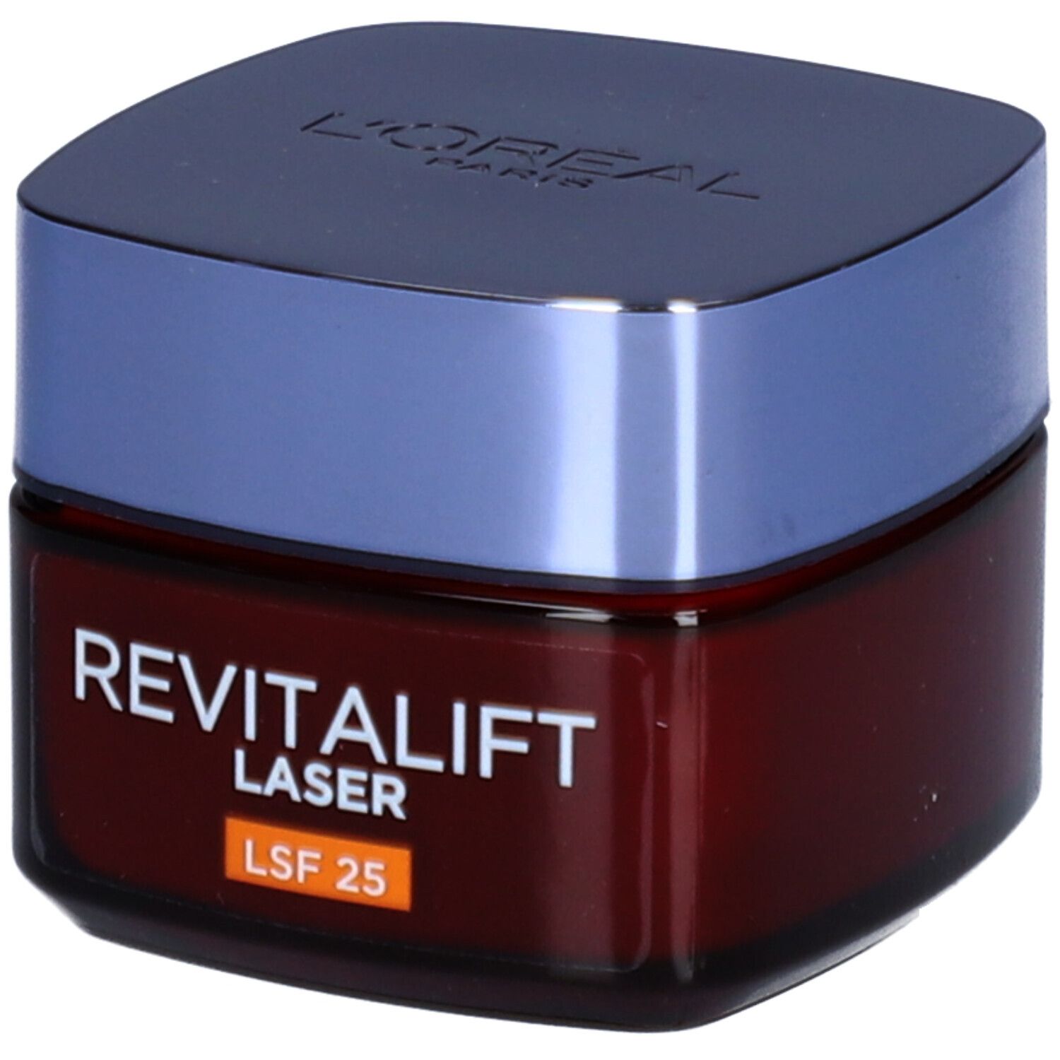 Braune Creme-Dose mit blauem Deckel. Aufschrift: REVITALIFT LASER, LSF 25. Marke L'ORÉAL.